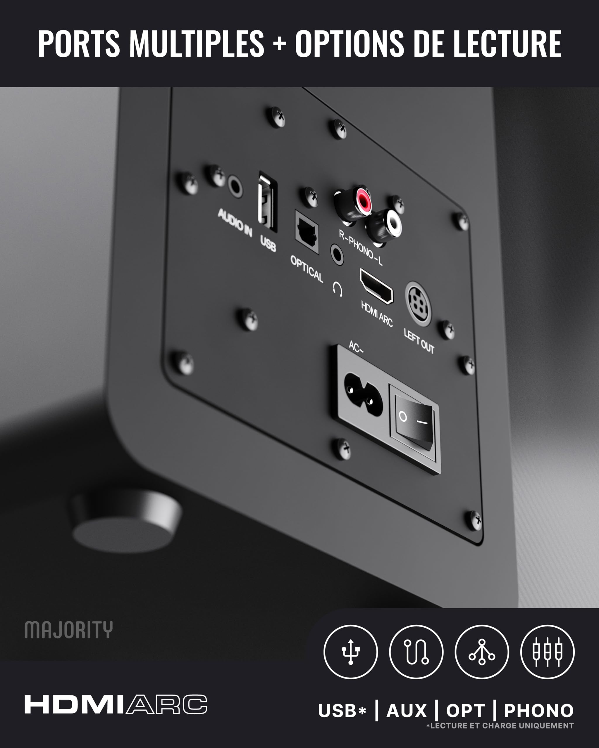 Majority D100X Enceintes Bibliotheques Active | Enceinte HiFi Système Stéréo 2.0 | 100W | Bluetooth 5.3 | HDMI Arc, Phono, RCA & AUX | TV, PC & Platine Vinyle (Noir)