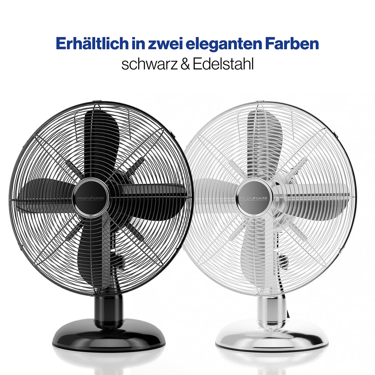 ProfiCare PC-VL 3063 M Ventilatore, oscillante, inclinazione regolabile, funzionamento silenzioso, metallo cromato, diametro circa 30 cm.