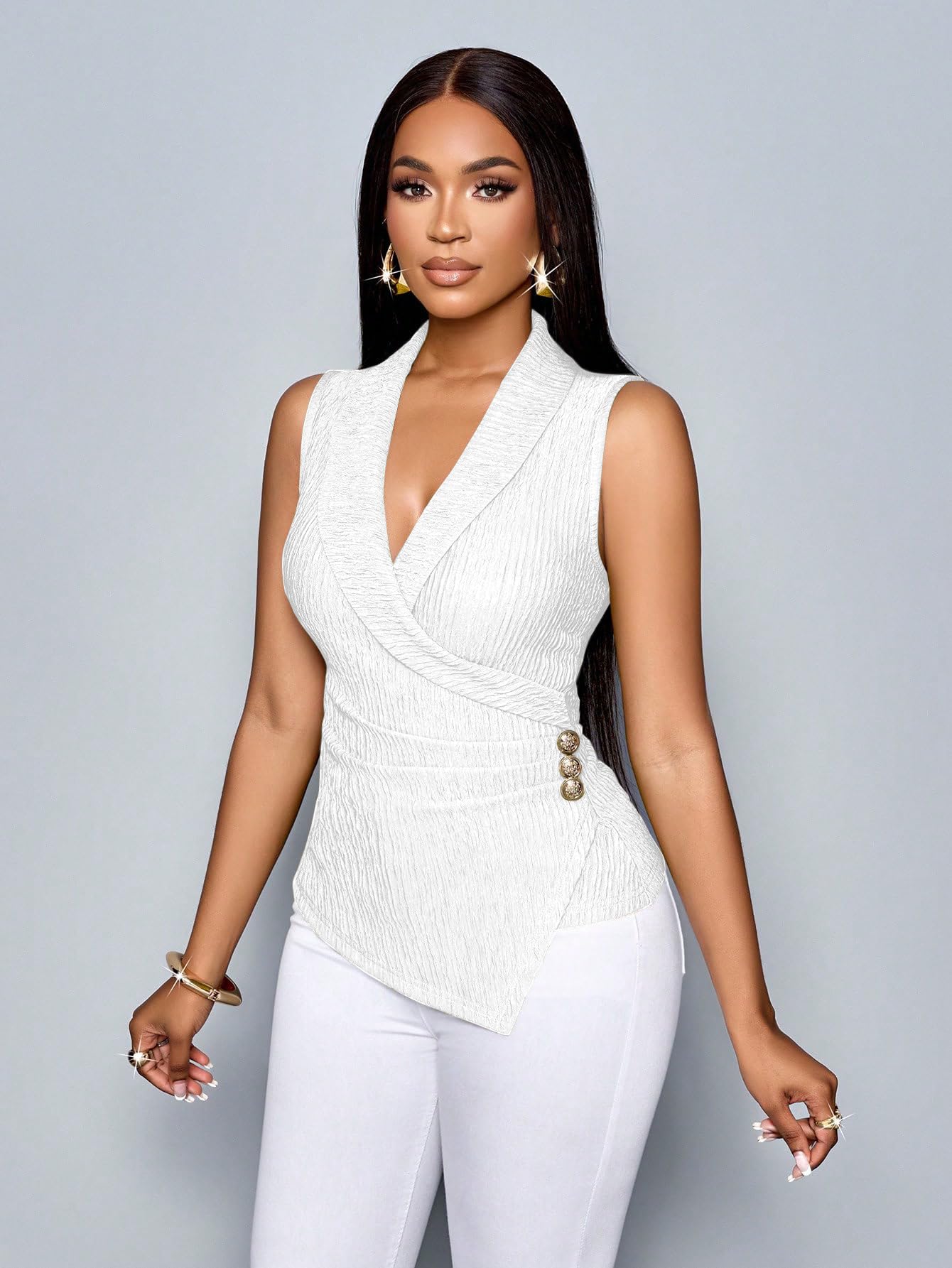 Sugathari Damen-Bluse mit asymmetrischem Saum, strukturierter Racerback, ärmellos, lässig, für Business, Party, Urlaub, Reverskragen, Top-216