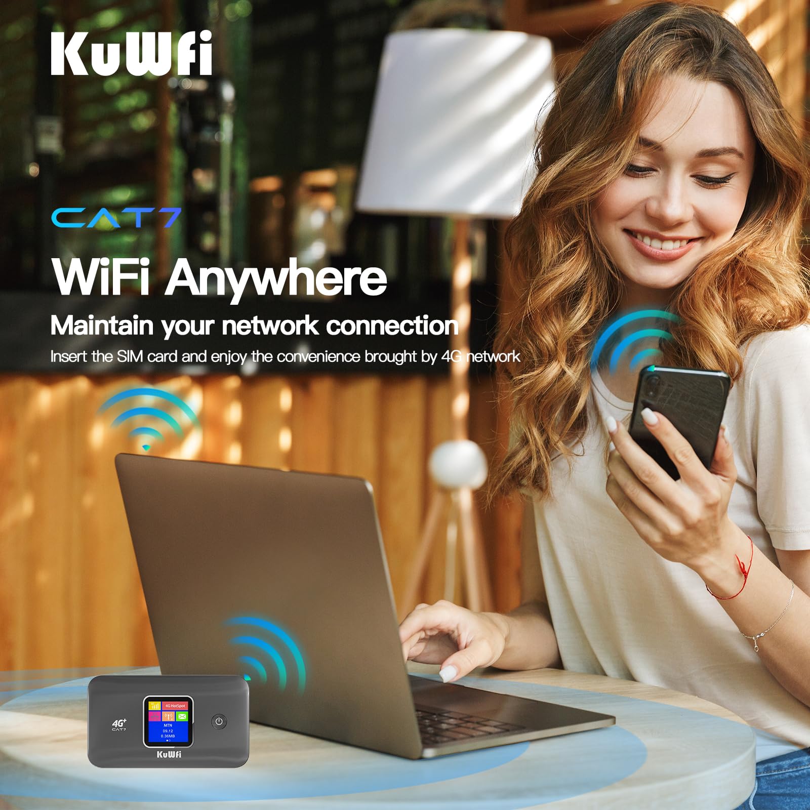 KuWFi Router WiFi 4G CAT7, 300Mbps, Dual Band, SIM, 3000mAh