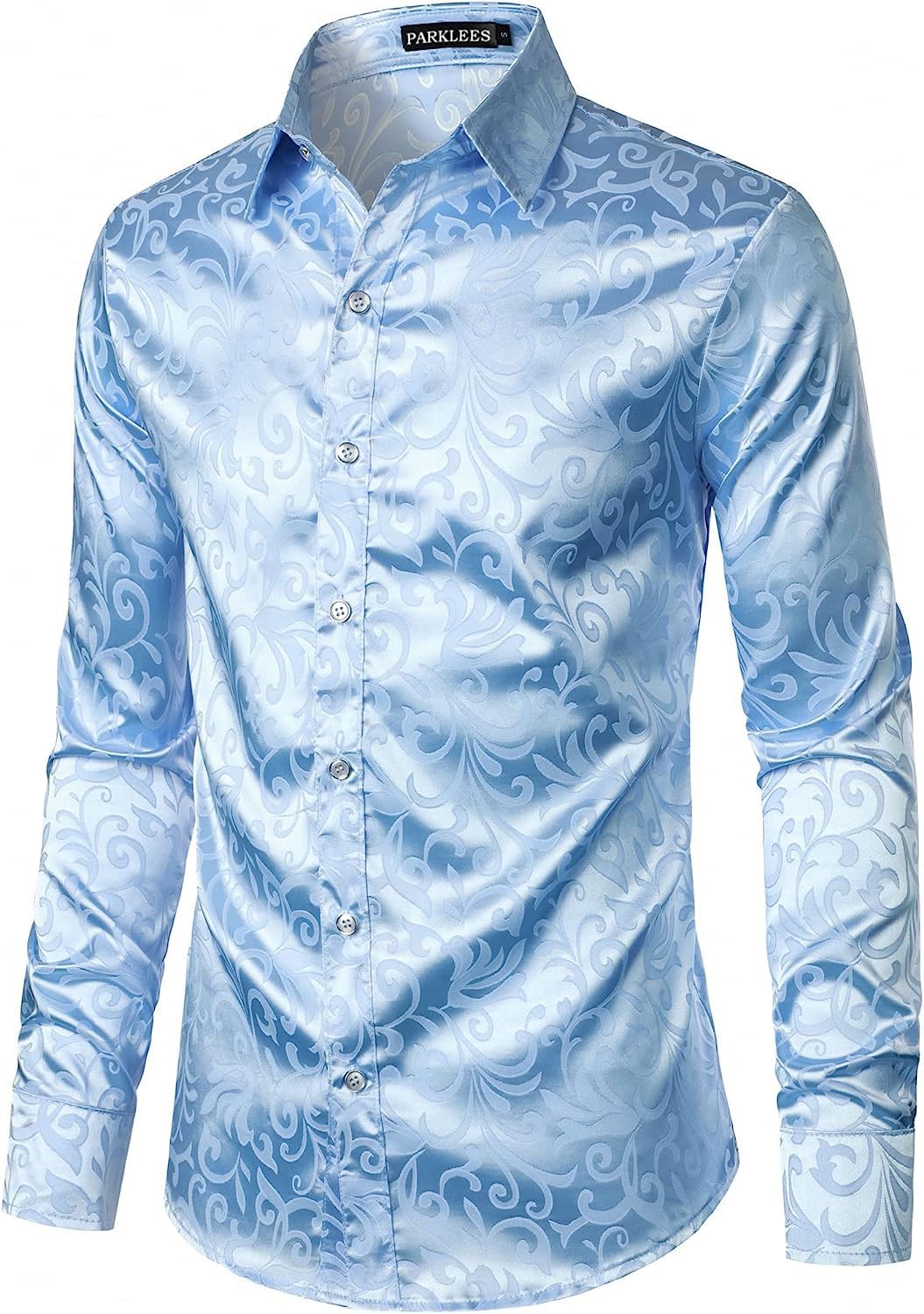PARKLEES Camicia da uomo a maniche lunghe in jacquard di lusso, vestibilità aderente, in raso, con stampa floreale, per feste di nozze e balli