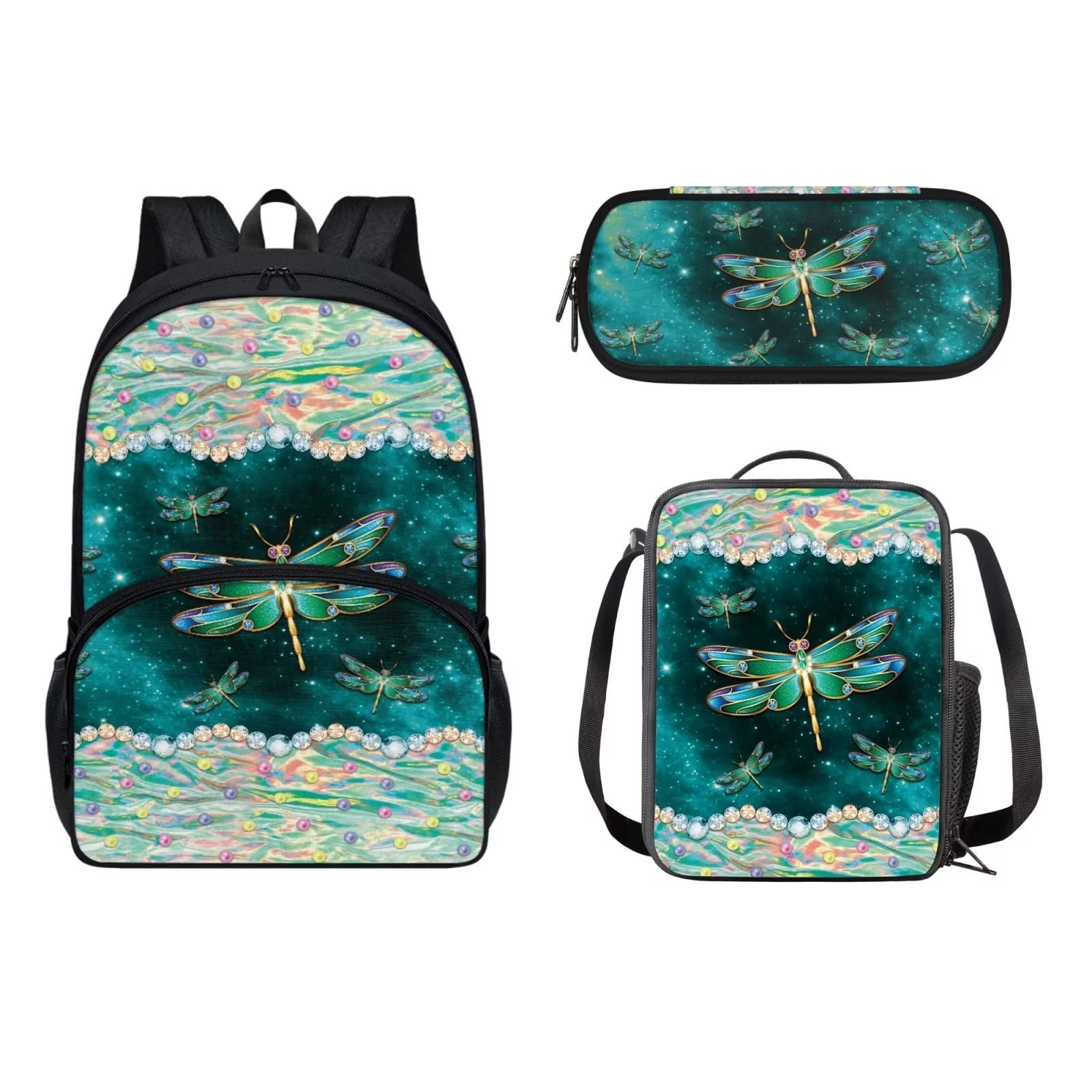 POLERO Mochila escolar de caballos para niños, juego de bolsas de almuerzo, estuche para lápices, 3 piezas, bolsas escolares, Libélula brillante, Talla única, Mochila infantil