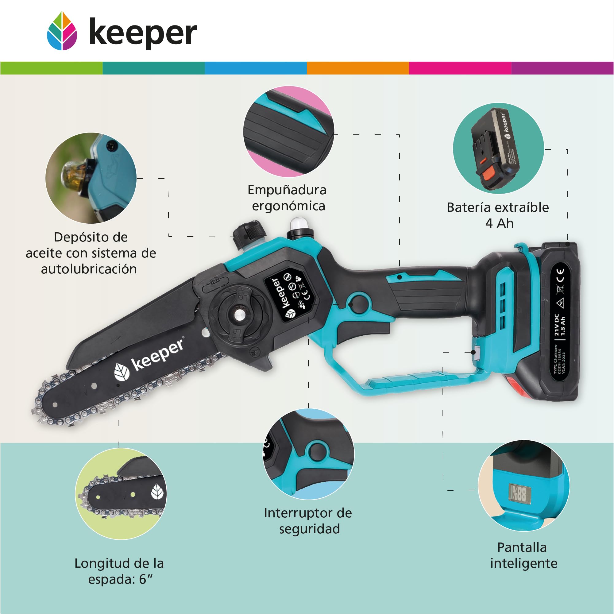KEEPER Mini Motosierra Batería de Poda KP6. 18V, 6 pulgadas,300W. Recargable. Motosierra Eléctrica Bateria Inalámbrica. Corte de madera de Ø 80. Poda Arboles Frutales. Incluye Maletín y Batería