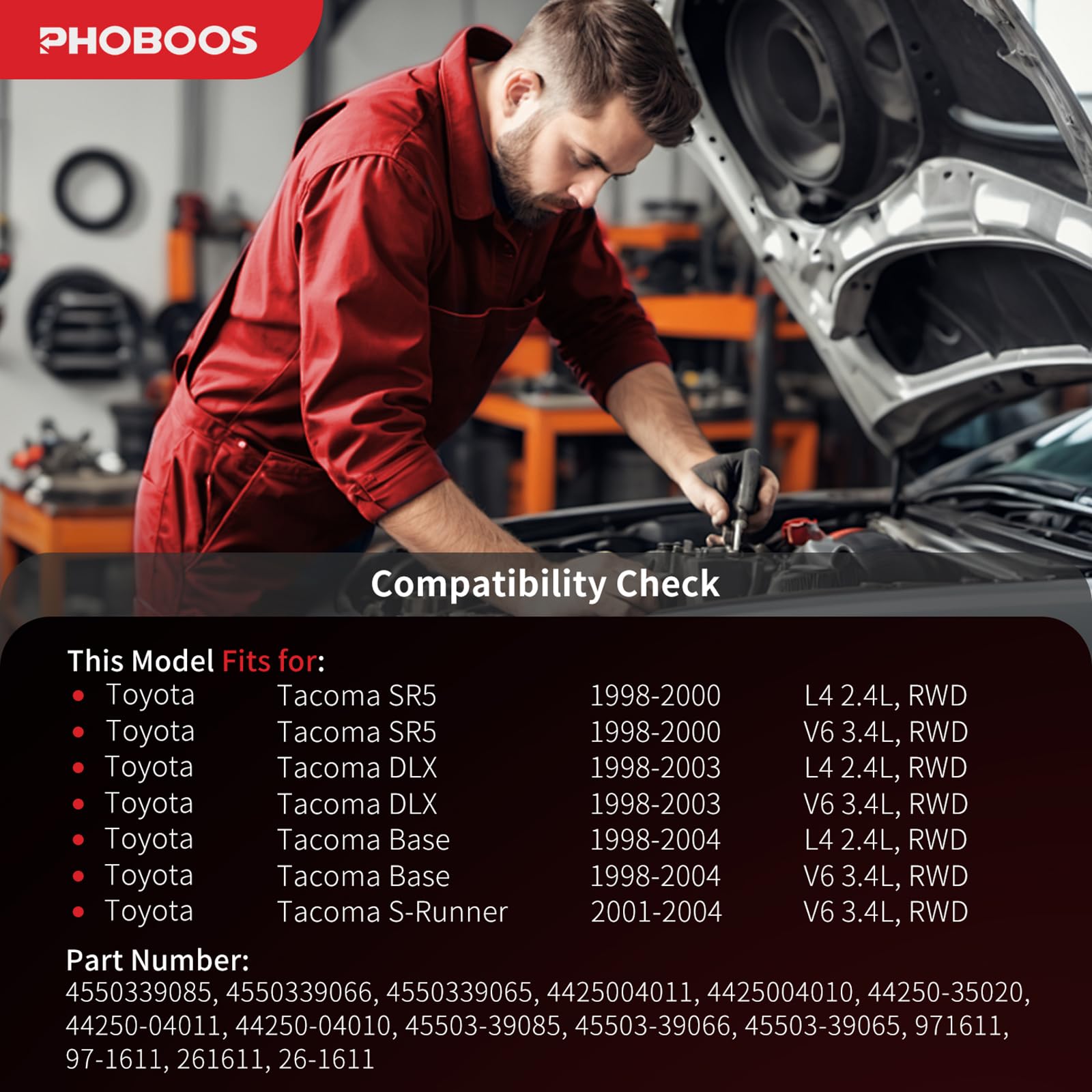 Condition photo showing New/Like New for phoboos hydraulic power steering rack and pinion assembly compatible with toyota tacoma 1998-2004 2.4l/3.4l, rwd, new unit, leak resistance, direct fit, ref. 97-1611