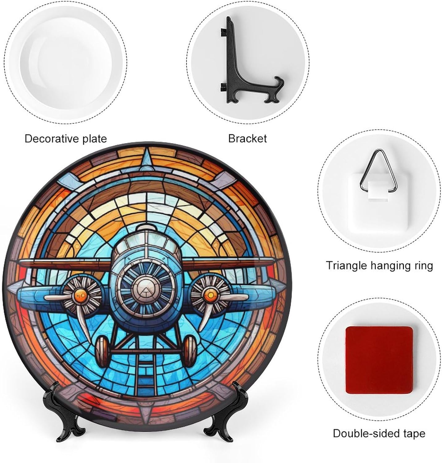 Decorative Plates for Home Decor, Stained Glass Design Watercolor Airplane Decor Tray for Table Display, Ceramic Dinner Plate W/ Stand, Living Dining Room Decor, Gifts for Airplane Lover, 8 Inch