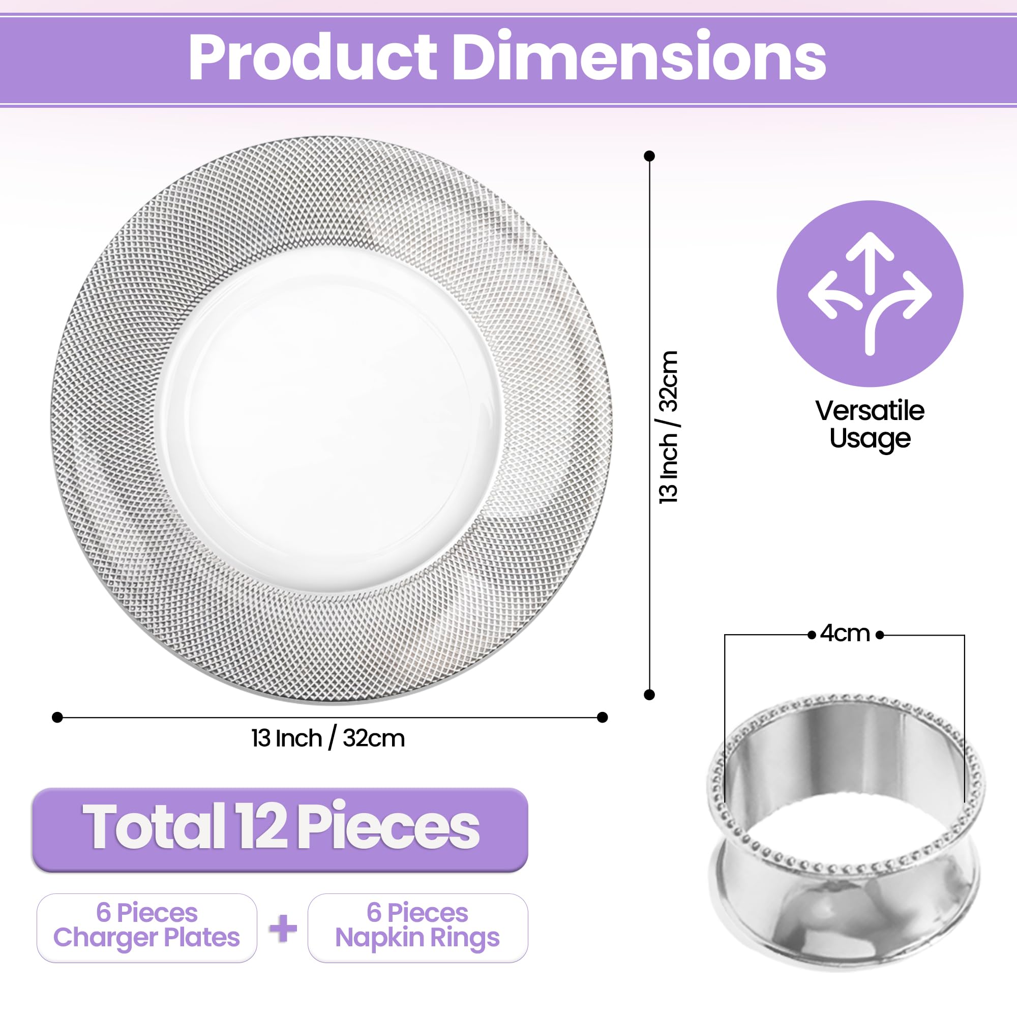 Elegantes platos de cristal plateado con 12 servilleteros martillados – 33 cm diseño a cuadros para servir bodas, fiestas, cumpleaños, eventos y decoración de mesa, juego de 6