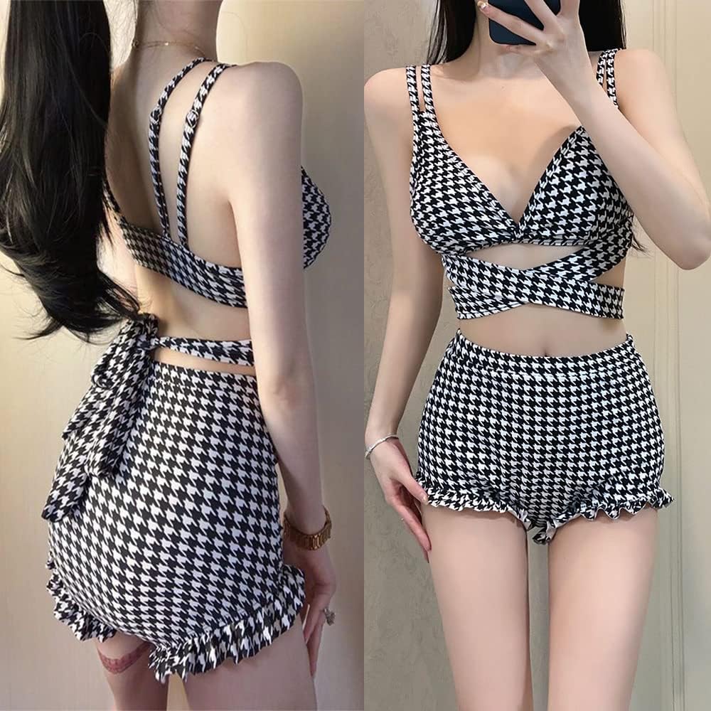 [fyetemon] 水着 レディース 上下2点セット ビキニセット チェック柄 体型カバー かわいい ハイウエスト 海水浴 温泉 水泳