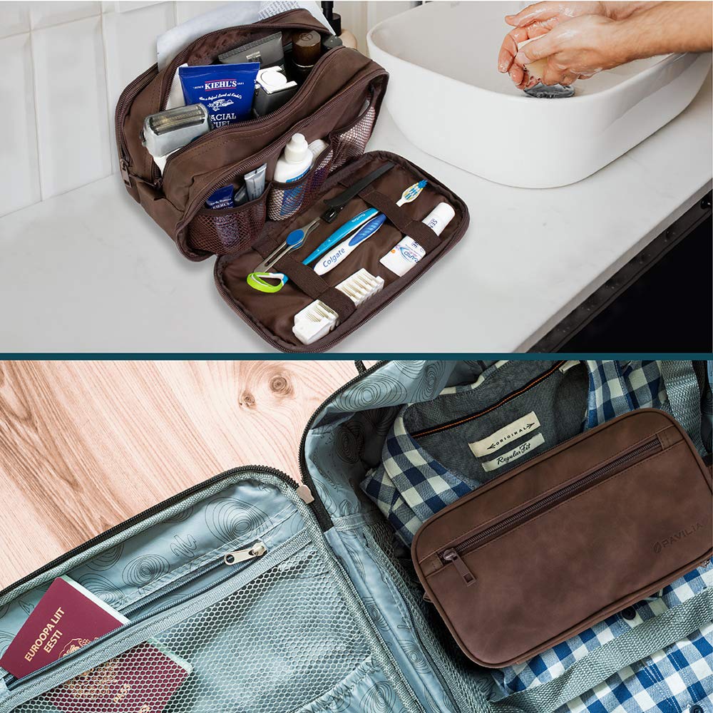 PAVILIA Beauty case da uomo, borsa da viaggio essenziale per rasatura, borsa da viaggio organizer per articoli da toeletta, accessorio per cosmetici, resistente all'acqua, Marrone, One Size, Da
