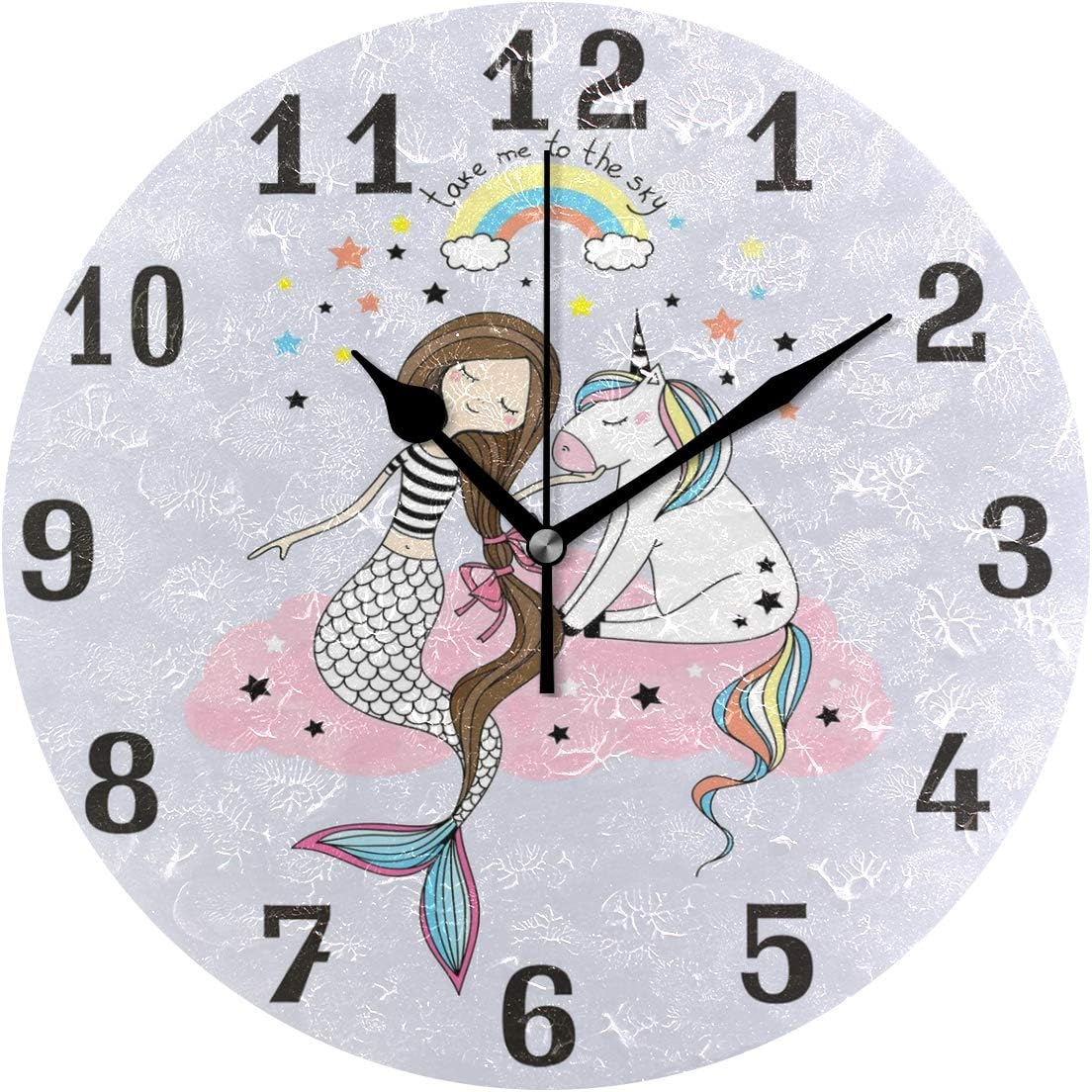 funnyy Unicorn Mermaid Rainbow Round Acrylic Wall Clock, Silent Non Ticking Art Painting Clock for kids Girls Children Bedroom Living Room School Home Decor