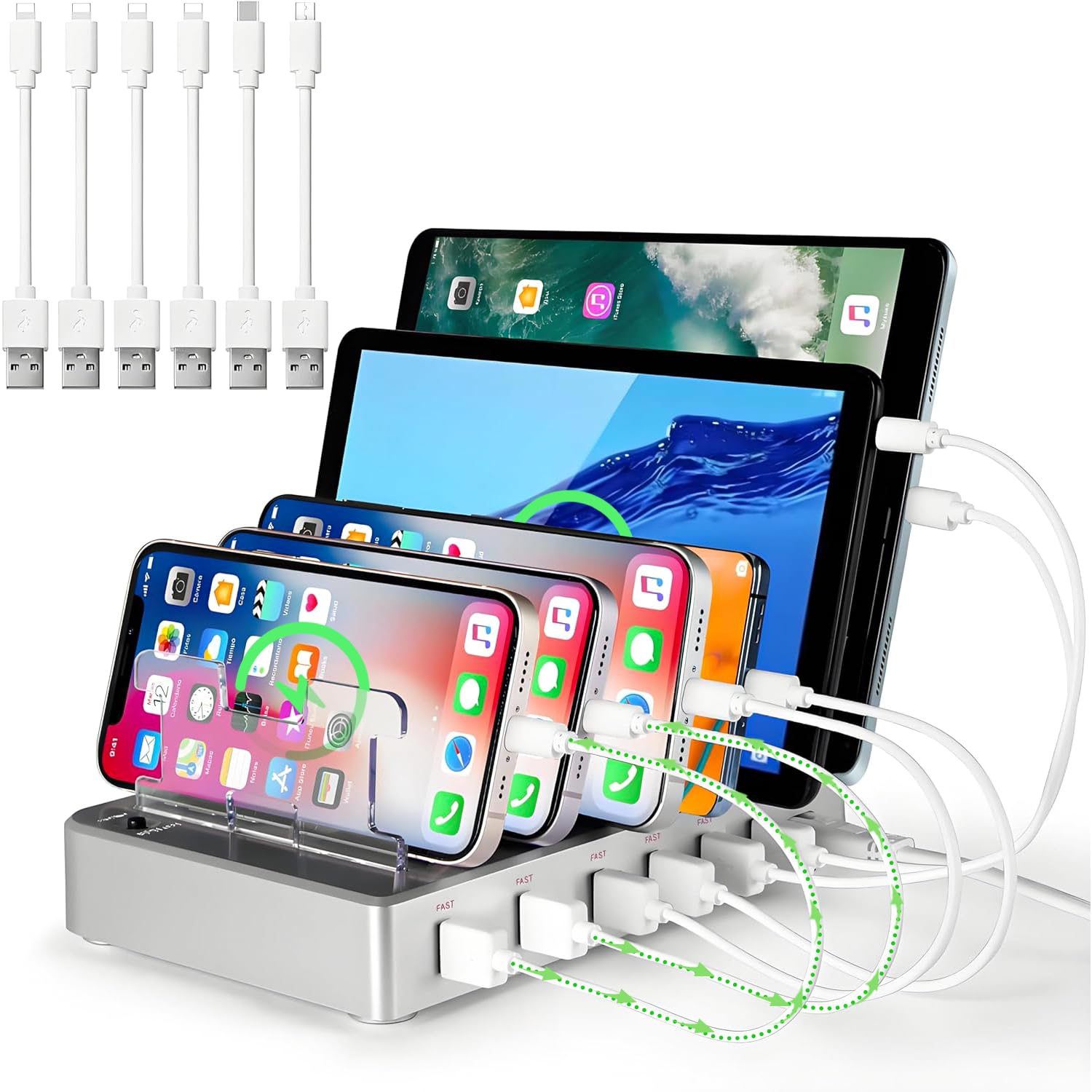 Station de charge USB à 6 ports avec 6 câbles inclus, hub de charge rapide pour iPhone, téléphone portable, tablette, montre intelligente – Organiseur de bureau multi-ports (argenté)