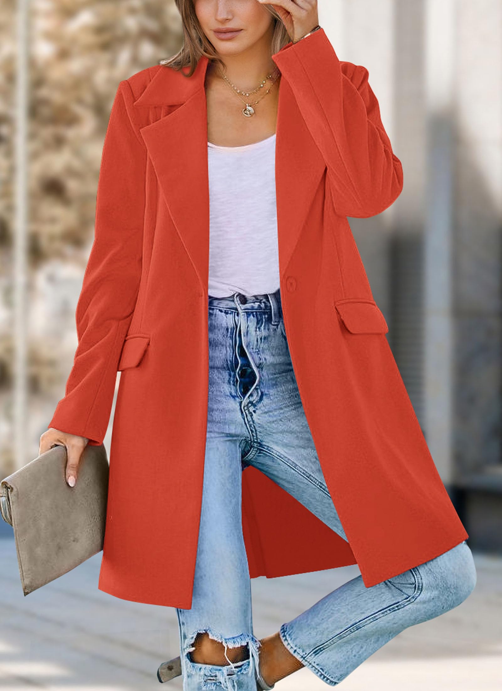 PRETTYGARDEN Women's Business Casual Long Blazer Jackets(Orange Red,S) view 8