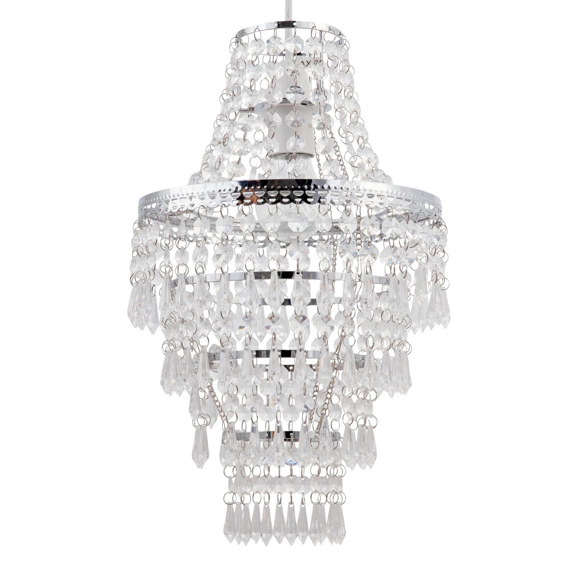 Chandelier Style Ceiling Light Shade Modern Chrome with Clear Acrylic Crystal Tiered Design Easy Fit Pendant - No Wiring Required Height 36cm Diameter 23cm