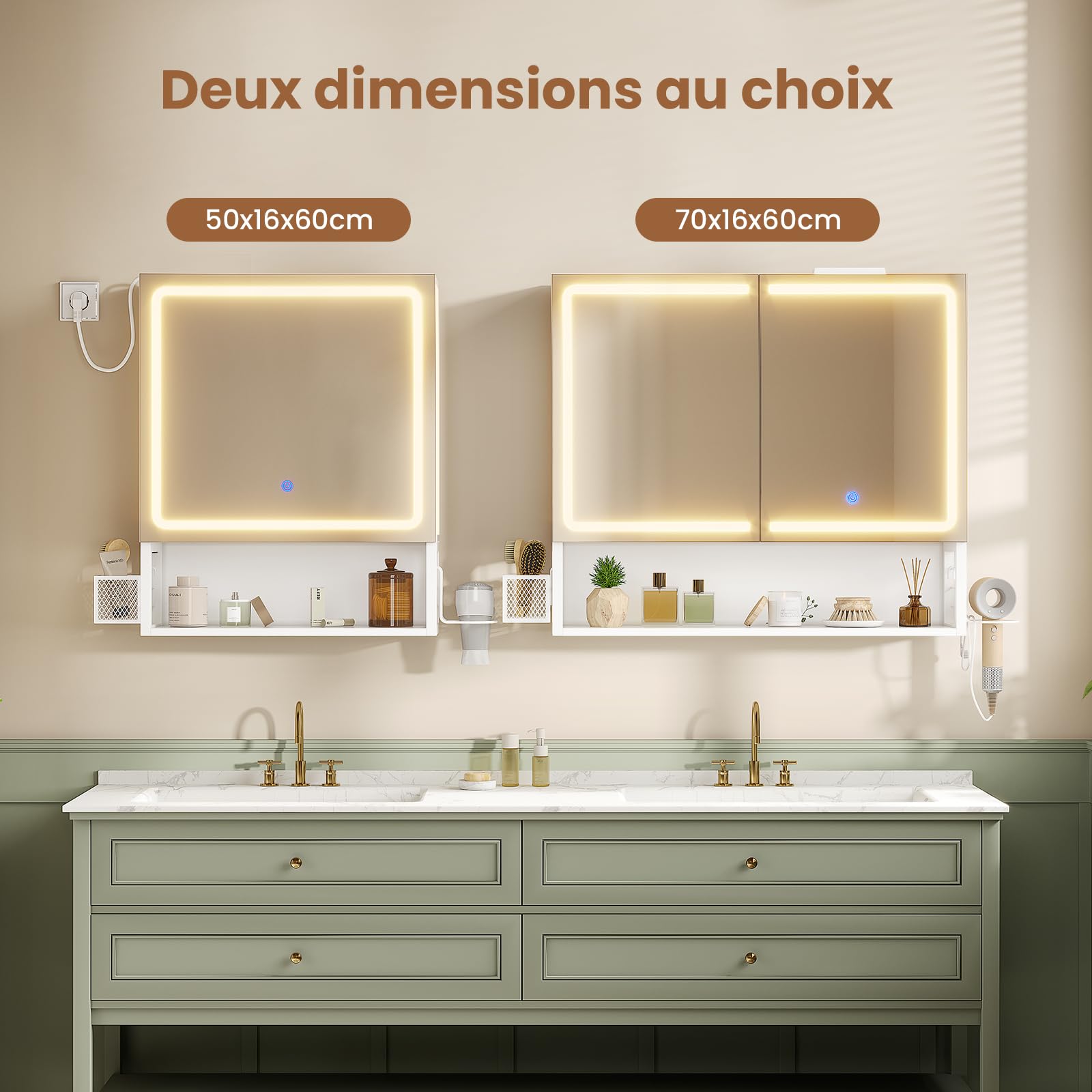 Spiegelschrank Bad mit LED-Beleuchtung,Badezimmer Spiegelschrank mit verstellbarer Ablage,HD-Spiegel, Hängekorb,Haartrockner-Halter,3 Lichtfarbe Einstellbar, Badezimmerschrank 50×16×60cm,Weiß