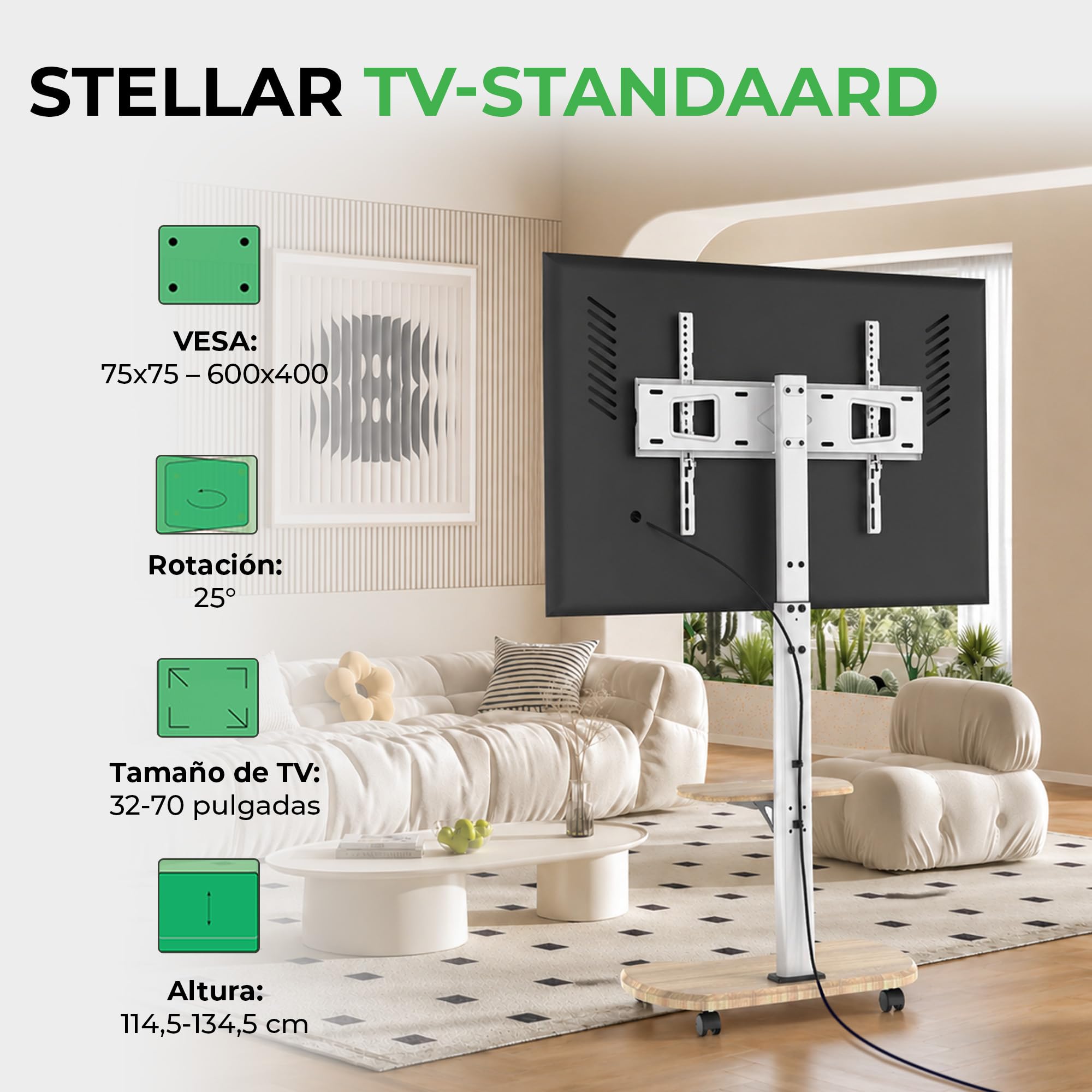 Stellar Soporte TV Pie Rodante con Estantería de Madera - Stand Giratorio de Altura Ajustable con Ruedas para TV de 32-70" de hasta 45 kg - Soporte Ruedas Universal VESA Máx. 600x400mm