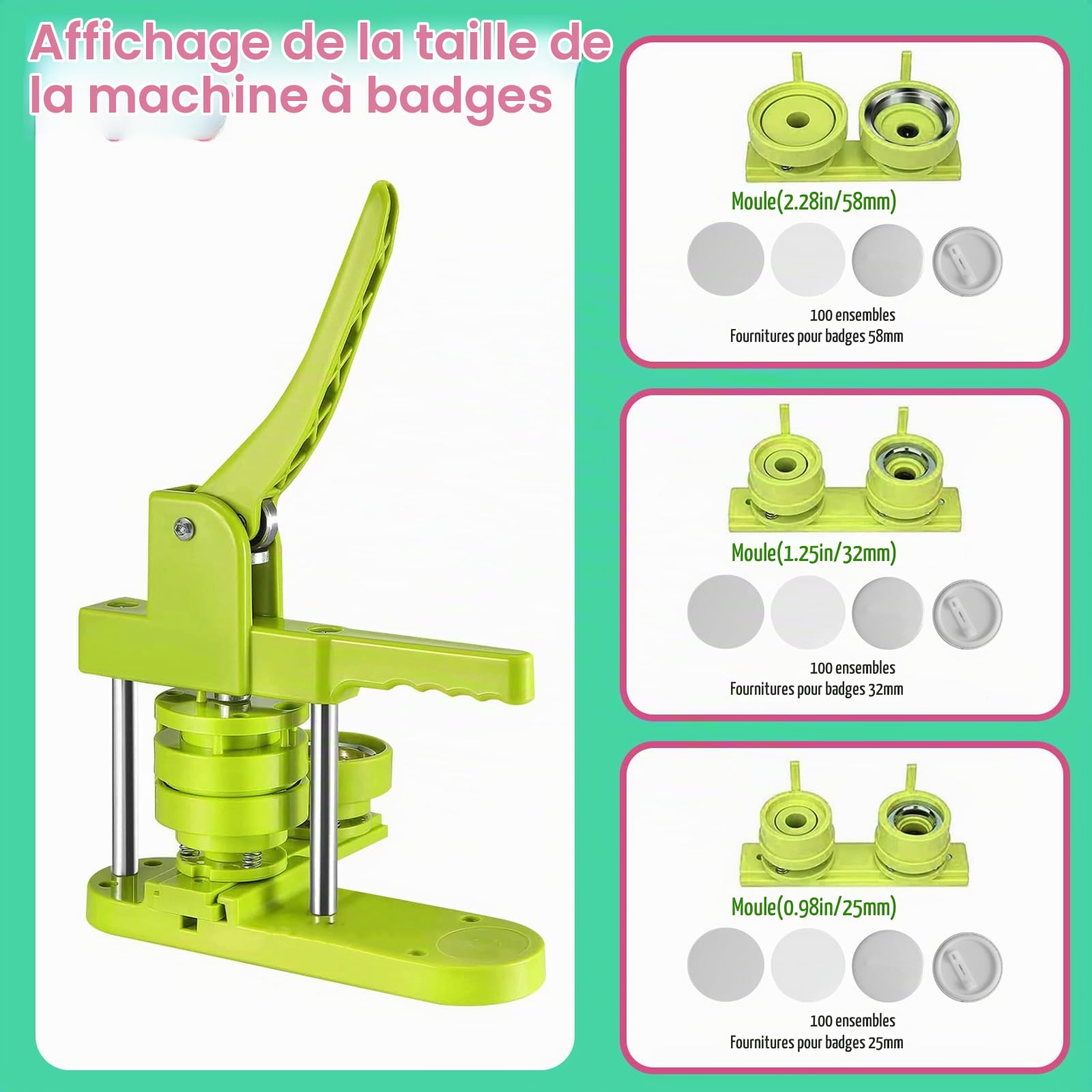 Machine à boutons 58 mm/32 mm/25 mm, machine à fabriquer des boutons avec 300 pièces de badge, presse à badges DIY push-pull pour la fabrication d'épingles cadeaux DIY