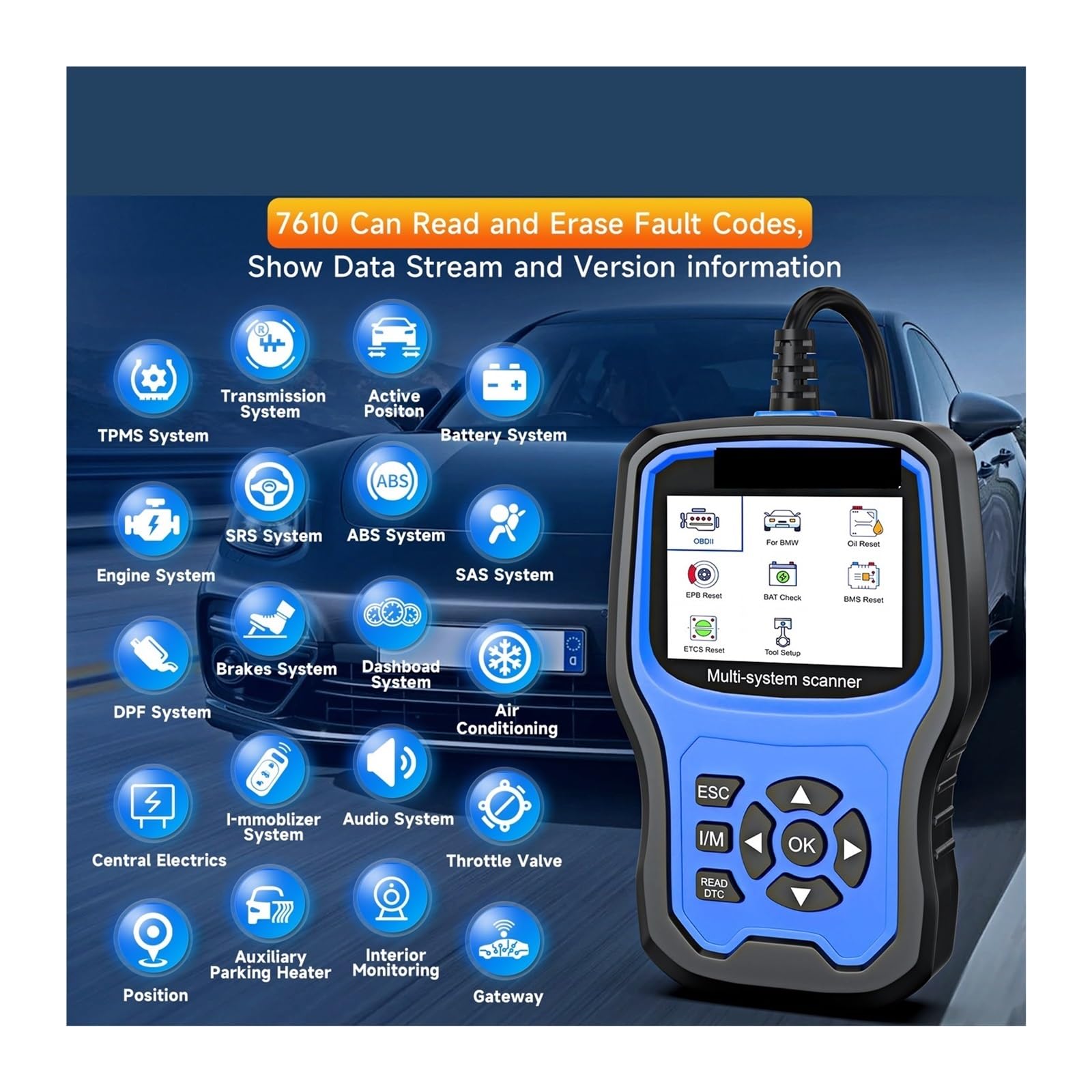 Escáner para Coche, Escáner automotriz OBD2 7610, lector de códigos todos los s, aceite, DPF, ABS, SRS, reinicio, herientas diagnóstico for automóviles