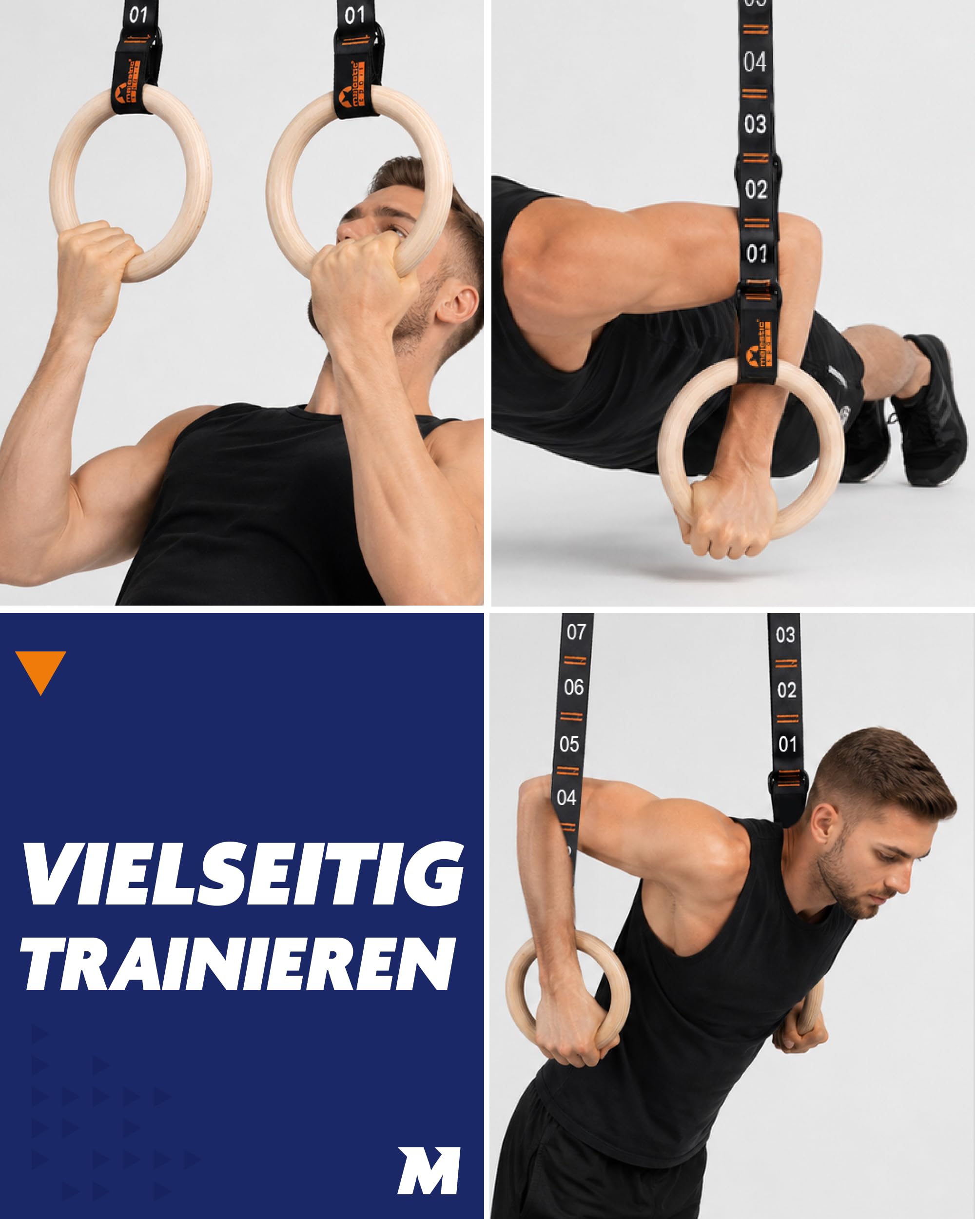 Turnringe Holz - Gymnastikringe mit 34 Verstellstufen, Ø 23,5 cm Naturholz, hochfeste Nylon-Gurtbänder & Stahlkarabiner - Gym Rings für Calisthenics, Klimmzüge & Dips, Indoor & Outdoor