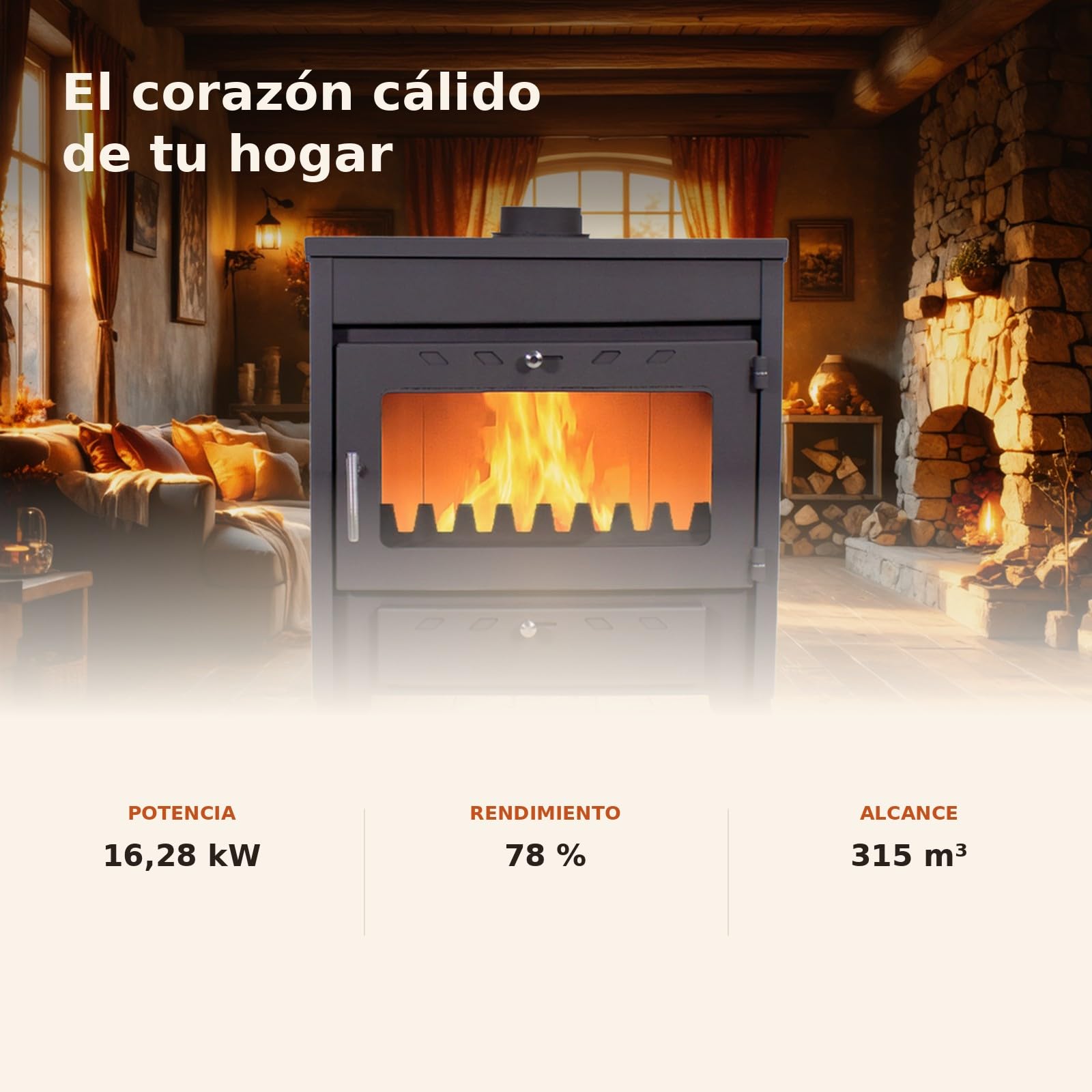 EIDER BIOMASA Estufa de Leña CAPRI – 16,28 kW – Con Parrilla para Cocinar – Rendimiento 78% – Hasta 315 m³ – Doble Combustión – Hierro Fundido – Clase A