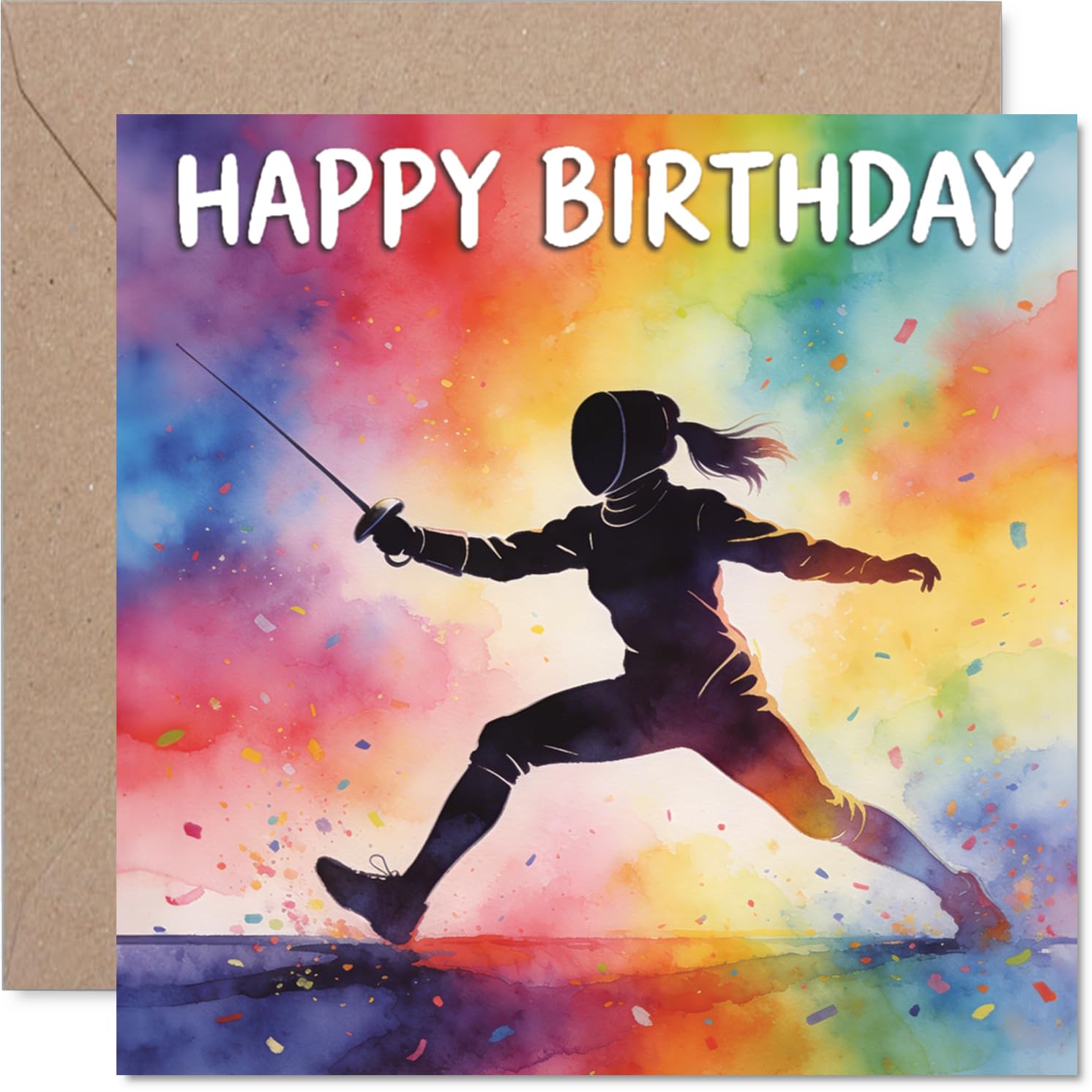 Playful Birthday Card - Bursting with Birthday Energy - Colourful Fencer Silhouette Design - Perfect for Sports Fans and Action Lovers - 145mm Square, Envelope Included