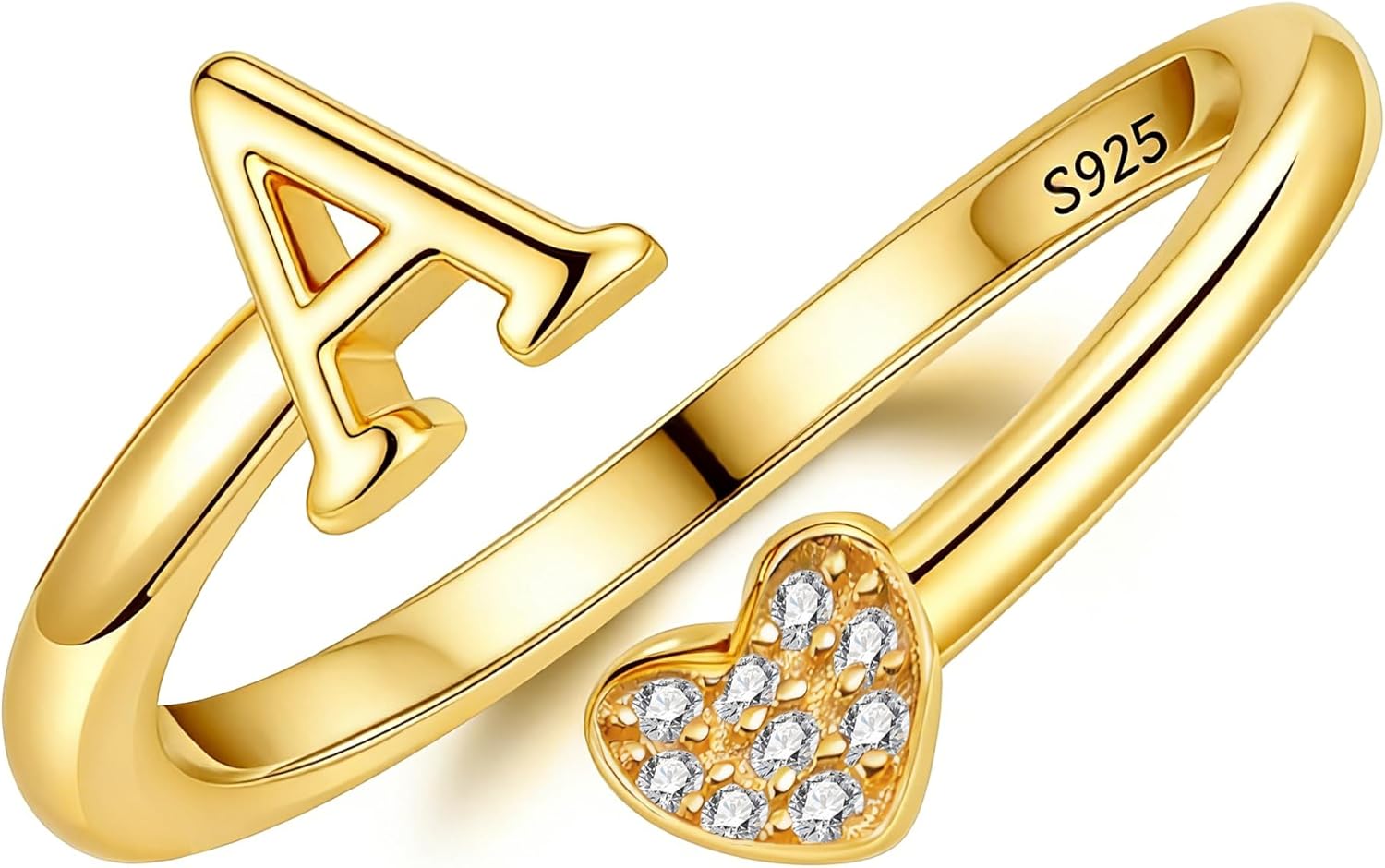 LOVECOM Mothers Day Gifts 925 Sterling Silver Initial and Heart Rings for Women Daughter 14K Gold Plated A-Z Letter Name Ring Non Tarnish Dainty Heart Adjustable Stackable Ring Personalized Jewelry Gifts