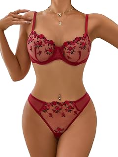 Lilosy Sexy Floral Embroidered Mesh Underwire Push-Up Bra & Thong Lingerie Set - Sheer Comfortable Intimates