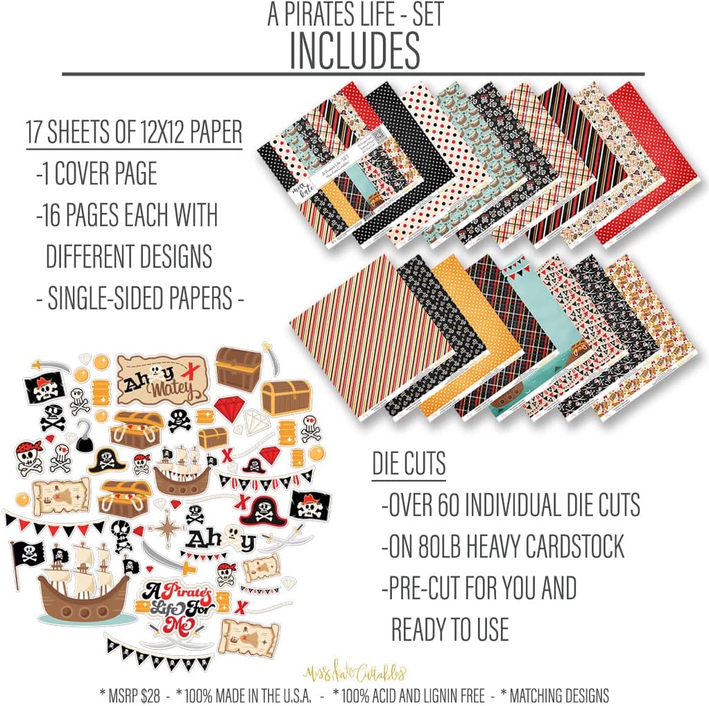 Die Cuts & Paper Set - A Pirate's Life - By Miss Kate Cuttables - 16 Sheets of 12"x12" Premium Specialty Paper & OVER 60 Coordinating Die Cuts - Exclusive Original Matching SET