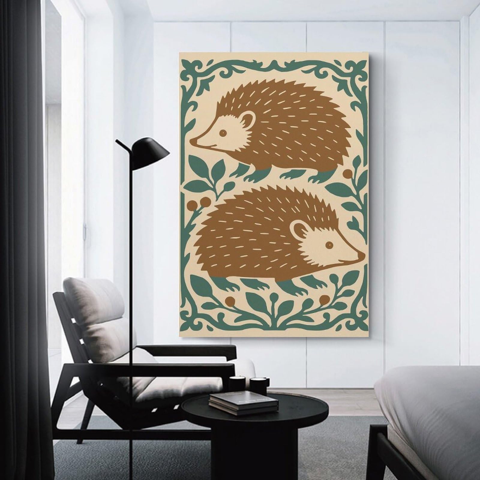 Junmoney Two Hedgehogs with Floral Border Illustration Canvas Wall Decor, 20x30inch(50x75cm), for New Homes, Bedrooms Or Workspaces, Gift Idea for Housewarming And Birthdays