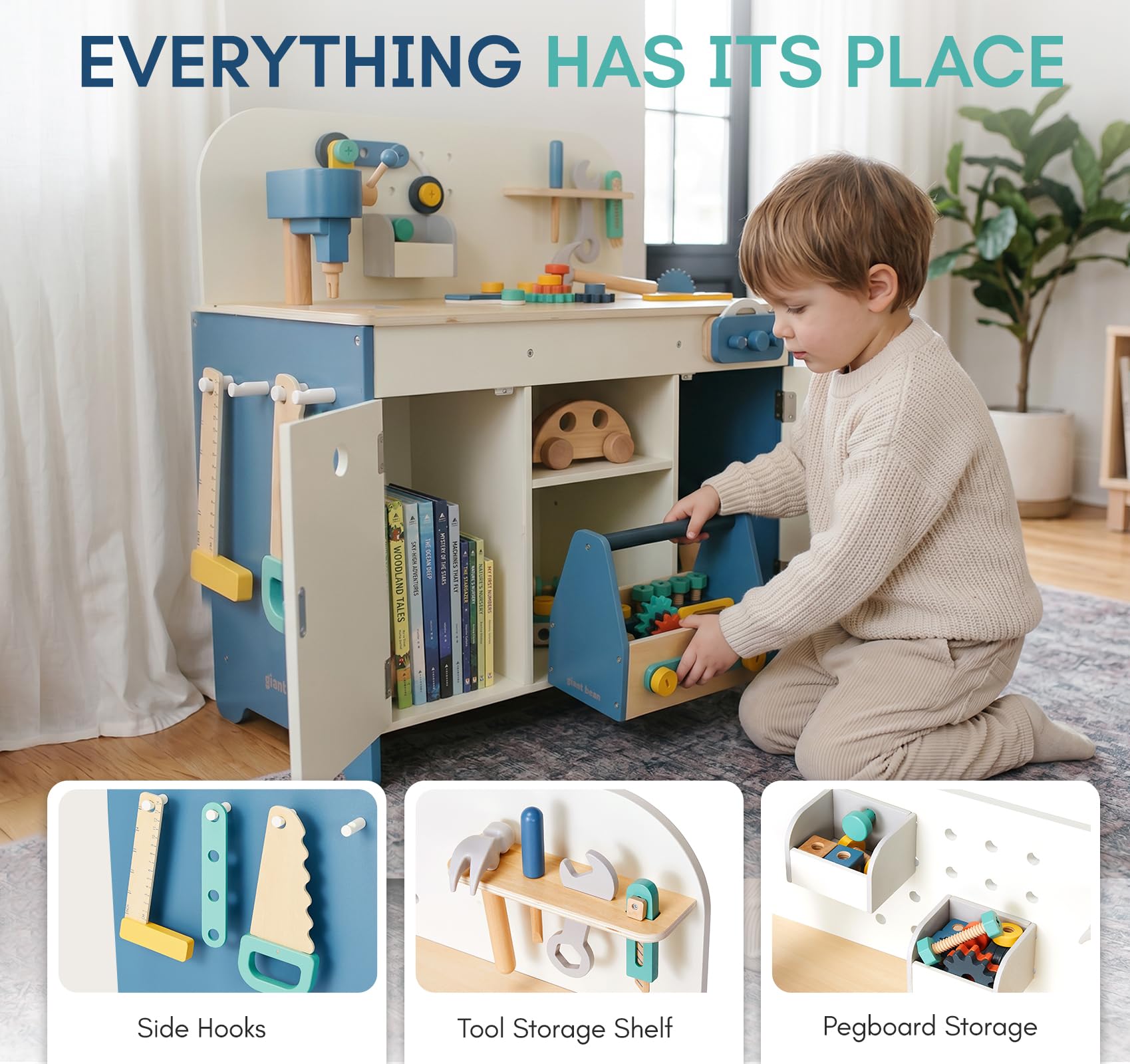 Kinderspielzeug Werkbank Set mit 40+ Teilen – Holz. ab 3 Jahren | Holz Werkzeugkasten & Bastelset , inkl. Bohrmaschine, Hammer, Schraubenzieher, Zahnräder – Kreatives Lernspielzeug