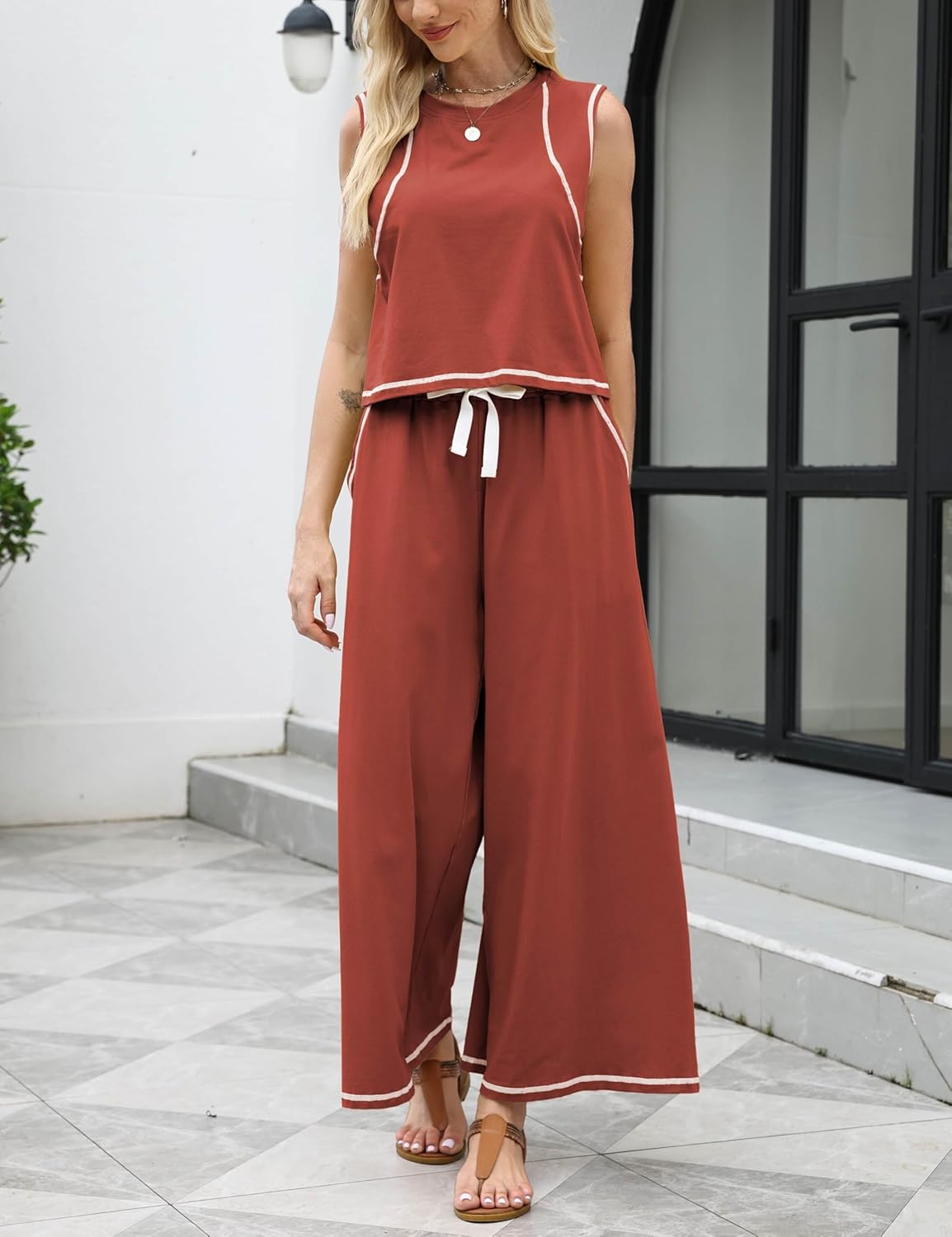 Women’s 2 Piece Lounge Set Sleeveless Tank Top & Wide Leg Pants Contrast Trim Relaxed Casual Matching Outfit - Image 4