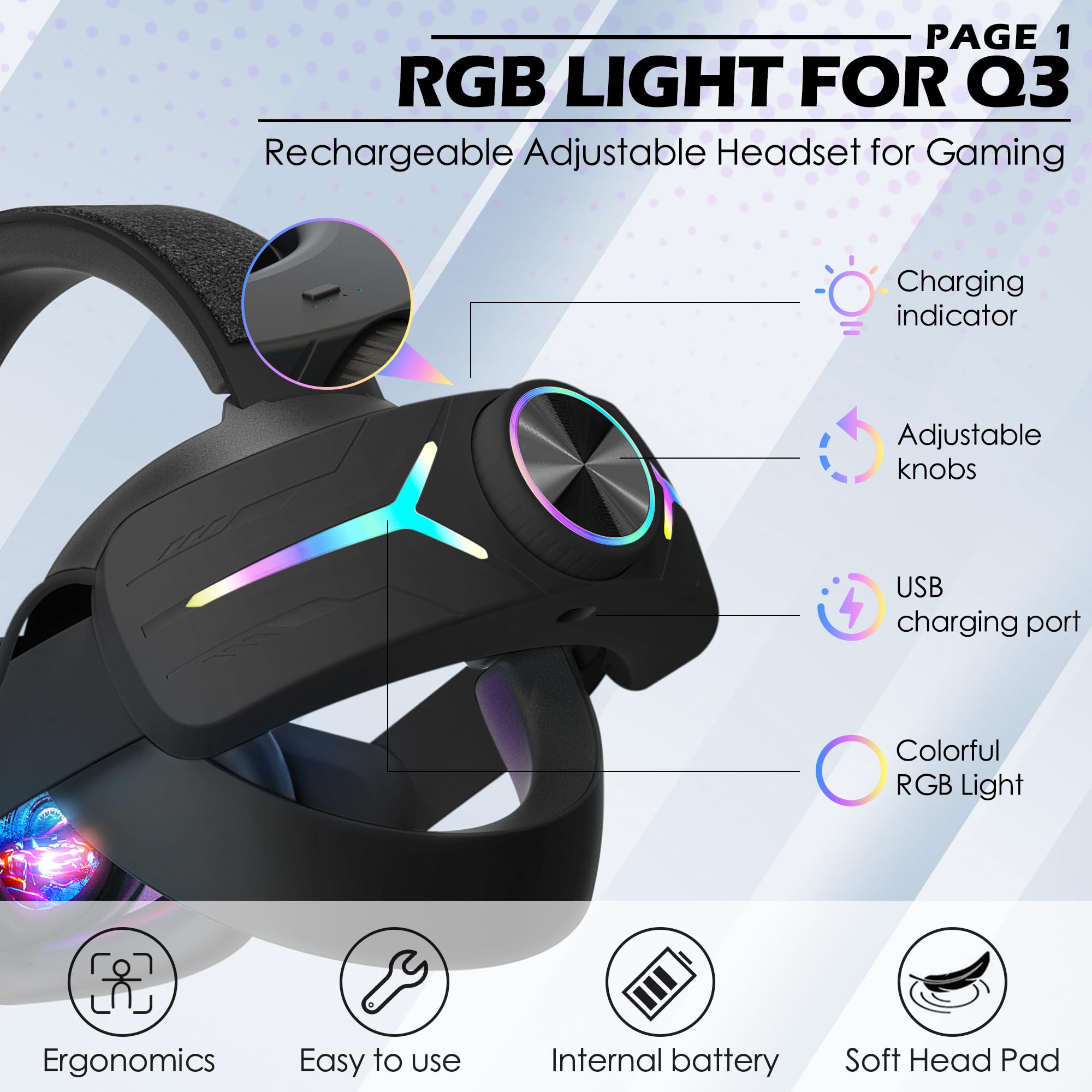 Orzero Head Strap Accessories Compatible for Quest 3 with Extended 8000mah Battery Pack - Enhanced Comfort and Extended Gaming Time with RGB Light - Black