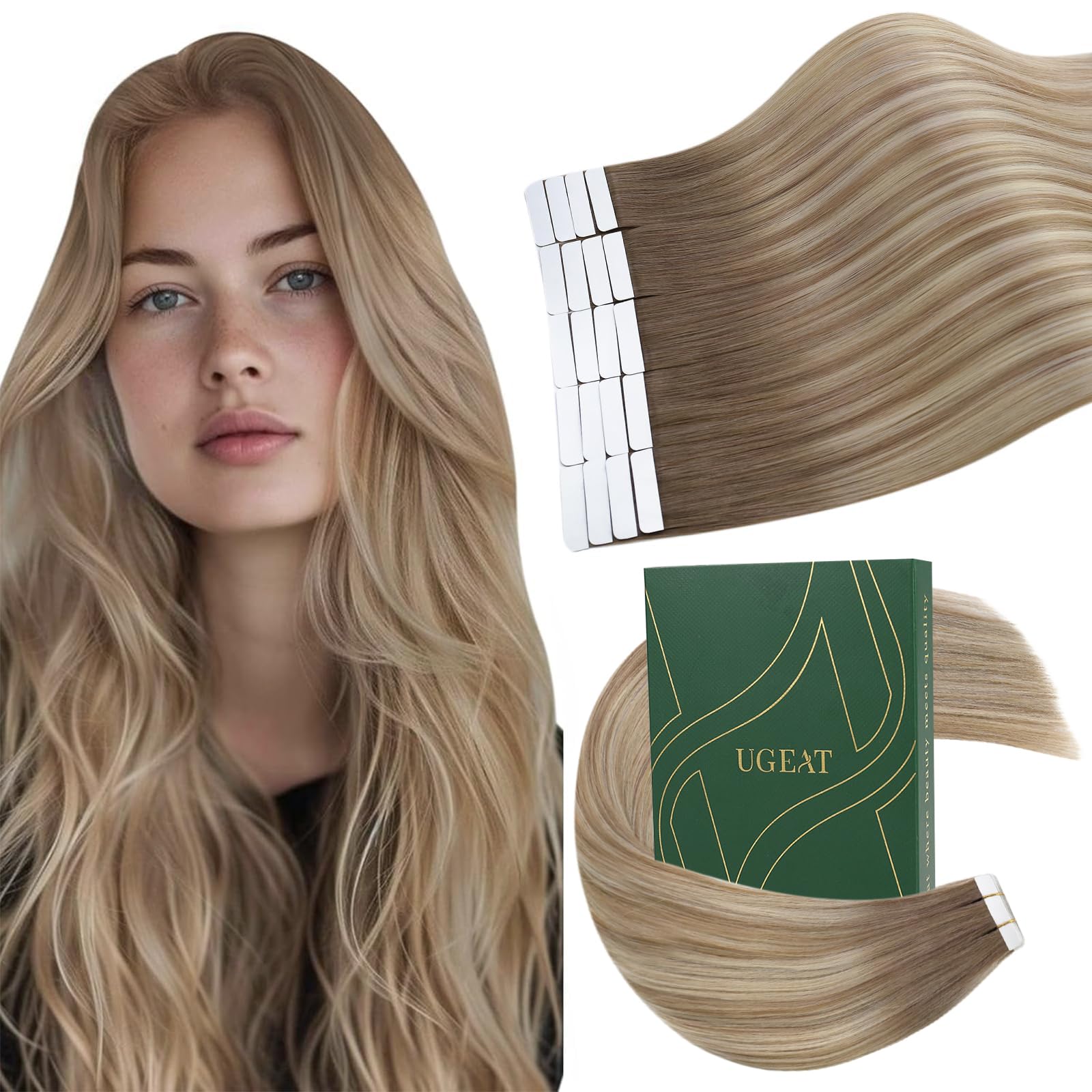 Ugeat Ombre Human Hair Extensions Tape in Real Hair 16 Inch Brown Blonde Tape in Hair Extensions Human Hair Balayage Blonde Light Brown for Party 50G 20Pcs #9A/60/9A