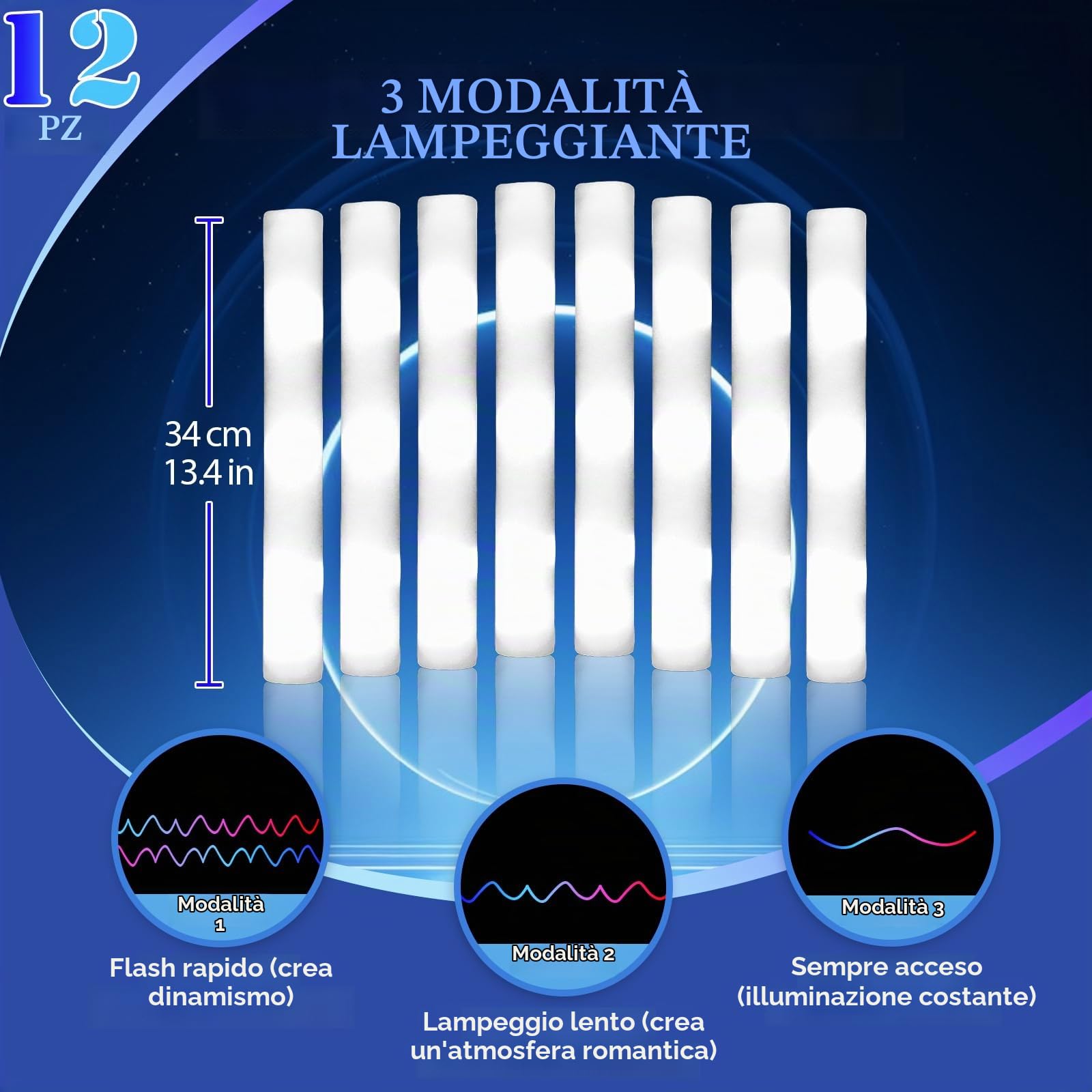 Design Wish 12 Pezzi Matrimonio Bastoncini Luminosi LED 34 cm Bastoncini Lampeggianti in Schiuma Bacchette Luminose Bianco Glow Stick 3 Modalità per Natale Compleanni Matrimoni Festa Accessori