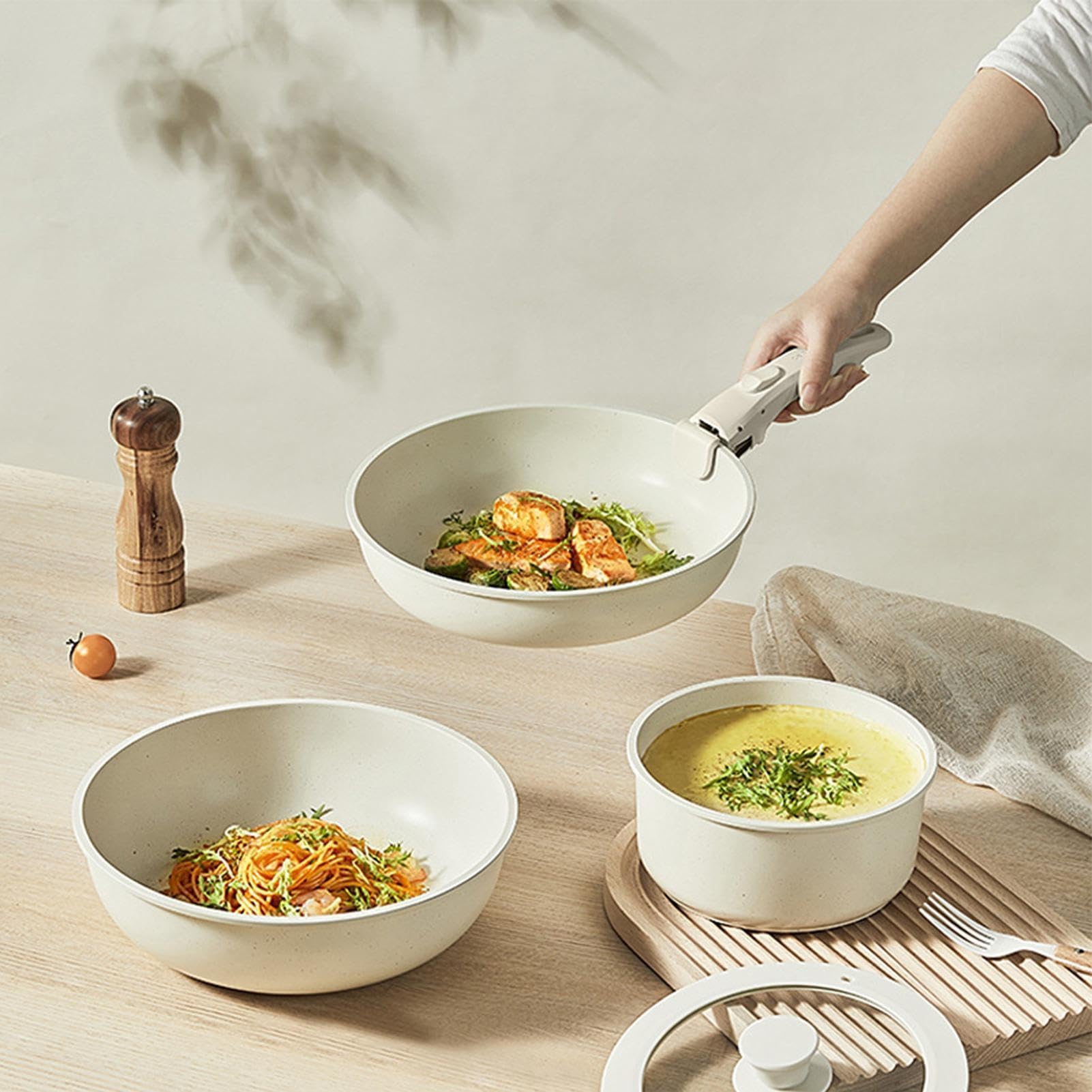 Batterie de cuisine antiadhésive de 5 pièces, poêle à frire et casserole à poignée amovible, revêtement en pierre passe au lave-vaisselle, casseroles et poêles de cuisine polyvalentes pour la cuisine