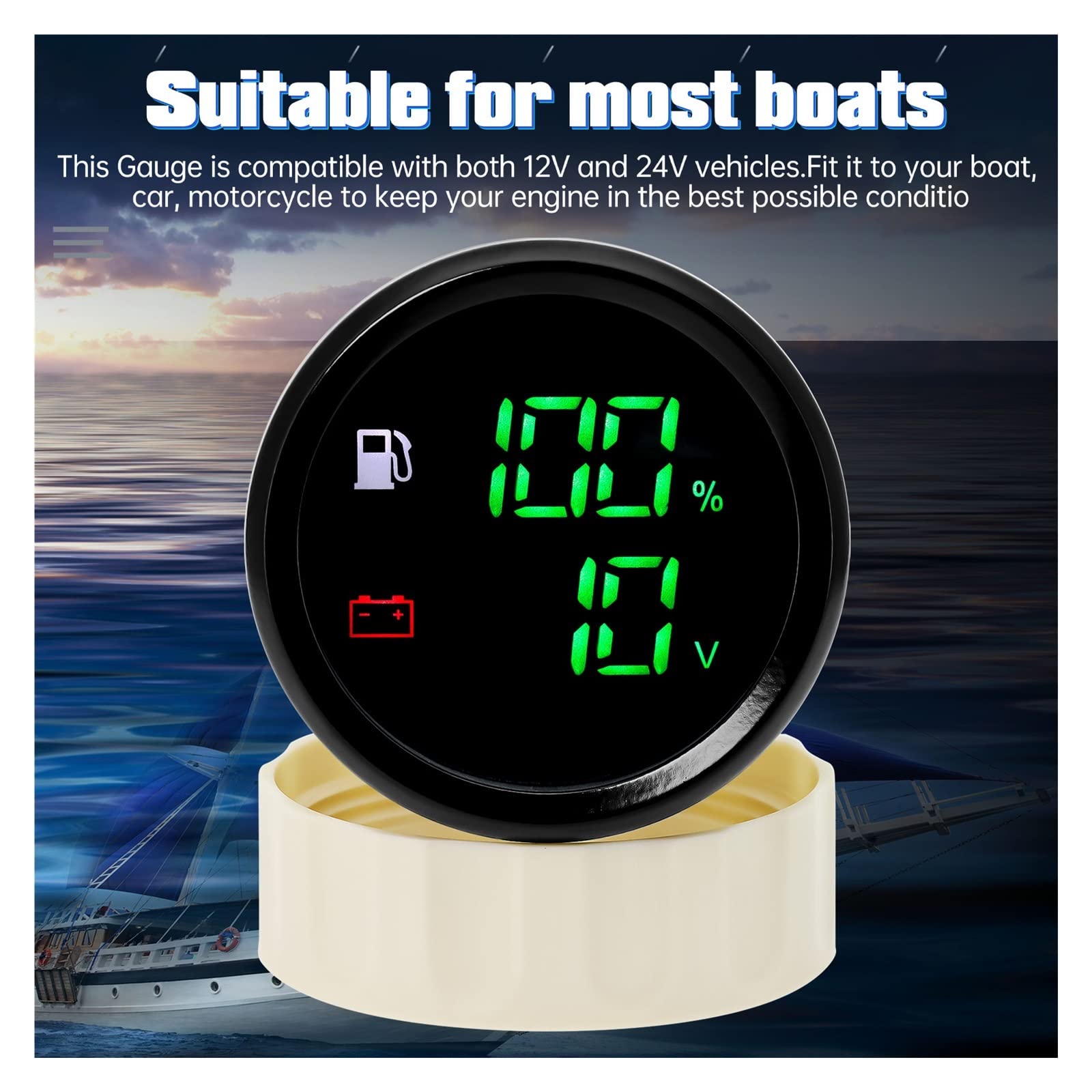 Unidad de envío del indicador del flotador del tanque de combustible Indicador de nivel de combustible dual 2 en 1 de 52 mm + voltímetro con luz de alarma Sensor de nivel de combustible de 0-190 ohmio