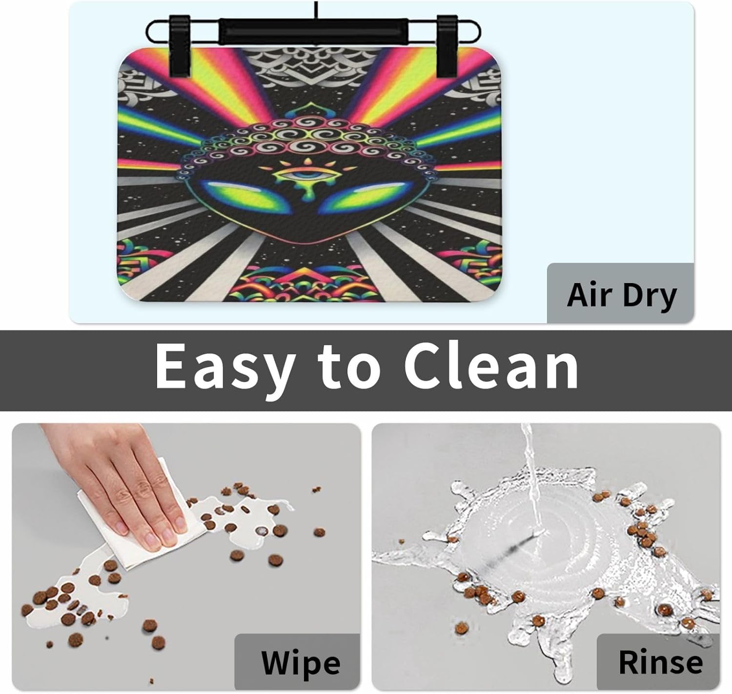 Rainbow Splatter Space Alien Third Eye Pet Feeding Mat-Absorbent Quick Dry Pet Cat Dog Food Mat Non Slip Waterproof Rubber Dish Placemat