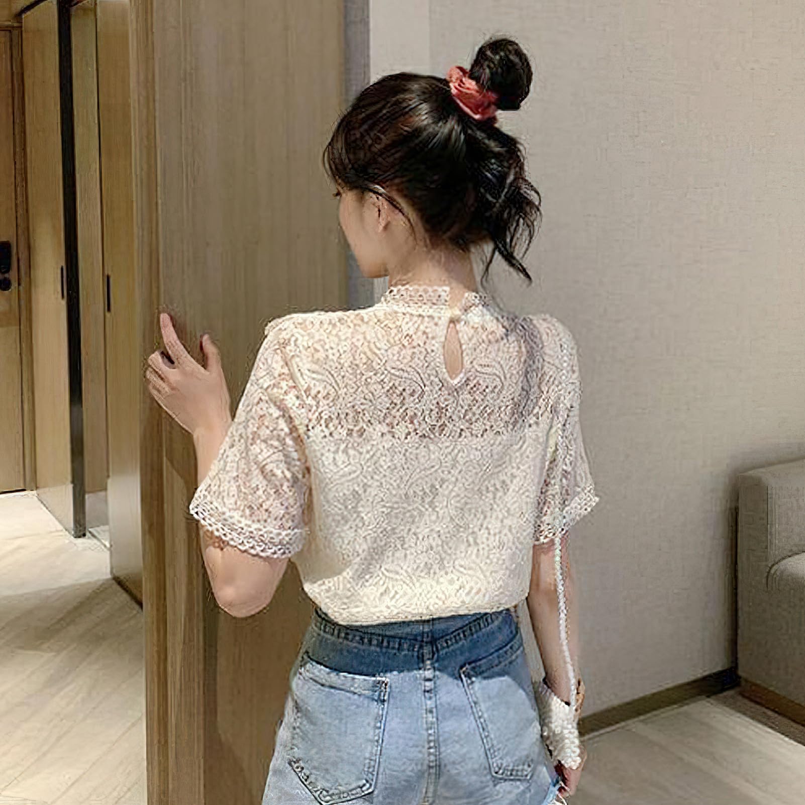 Camicia da donna in pizzo a maniche corte con scollo rotondo scava fuori elegante semi trasparente estivo