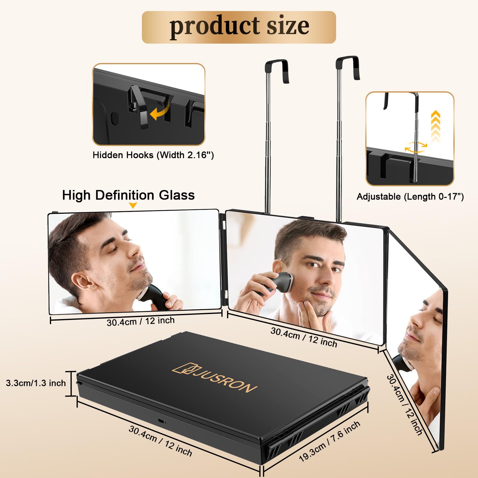 JUSRON Miroir Coiffure 360° 3 Faces Barbier Homme/Femme, Portable et Hauteur Réglable, Pliable pour Maquillage, Rasage (sans LED)