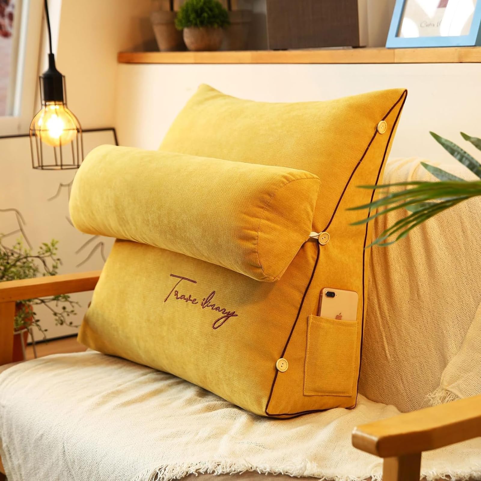 WCPQT Solid color embroidered Triangle Reading Pillow, Sofa Waist Cushion Wedge Backrest Pillow, Back Support Adjustable Back Wedge Cushion sofa pillow