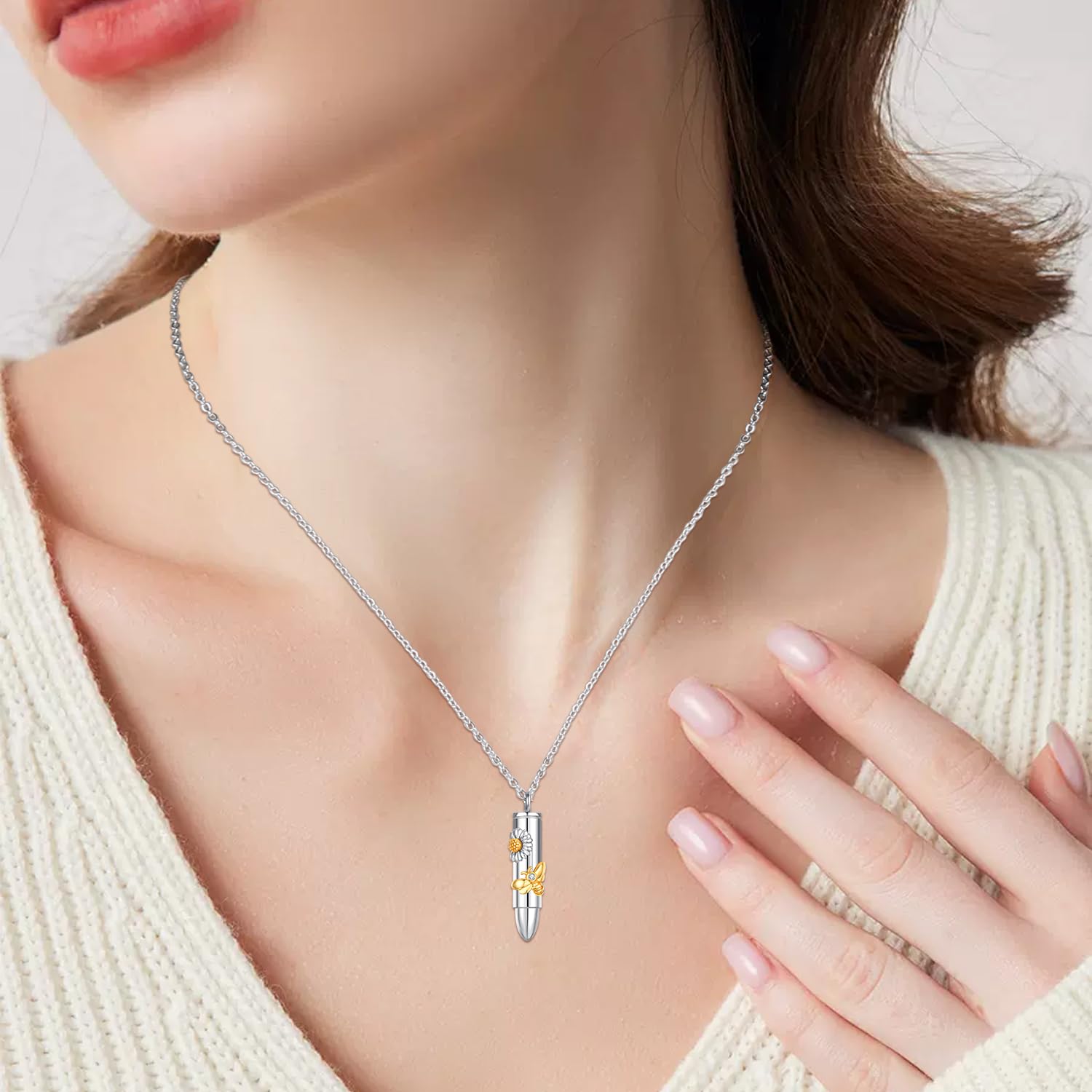 Collana con ciondolo a forma di proiettile per ceneri di cremazione, in argento Sterling 925, con ciondolo a forma di ape e margherita, regalo commemorativo