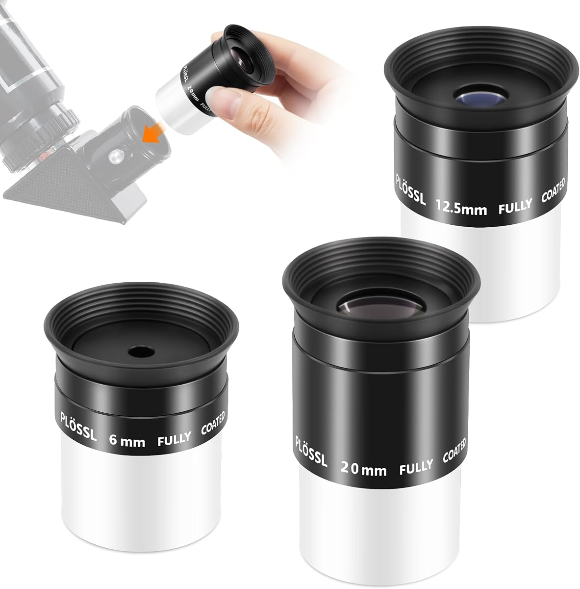 Astromania Juego de oculares para telescopio, ocular Plossl de 3 fotos de 1,25" 6 12,5 20 mm | Kit de accesorios para telescopio, juego de ocular Plossl de 50 grados, para filtro de telescopio astronómico de 1,25", 4 elementos totalmente multicapa