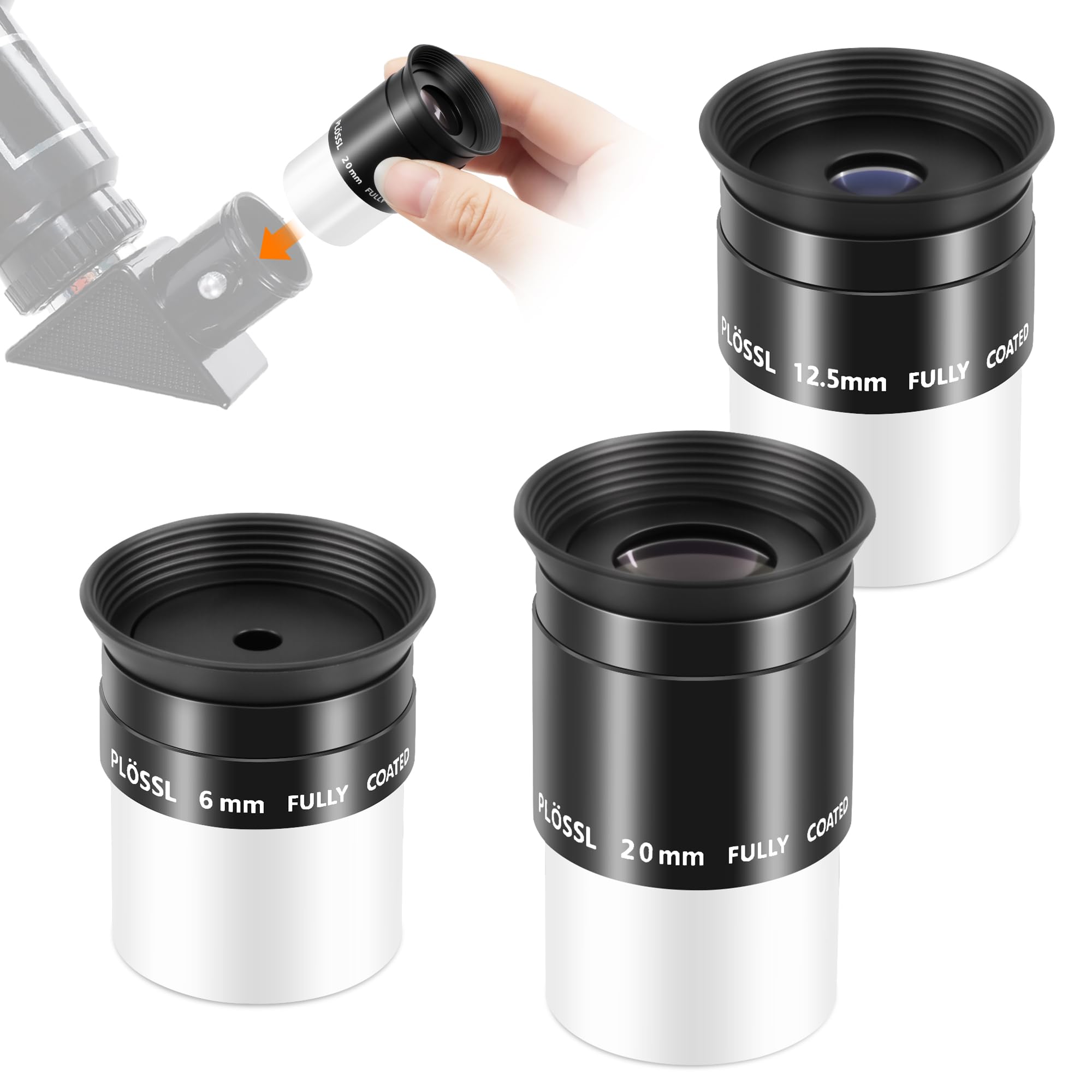 Astromania Zestaw okularów teleskopowych plossl 6 mm 12,5 mm 20 mm - 4-elementowa konstrukcja plossl - gwintowane do standardowych filtrów astronomicznych 3,2 cm