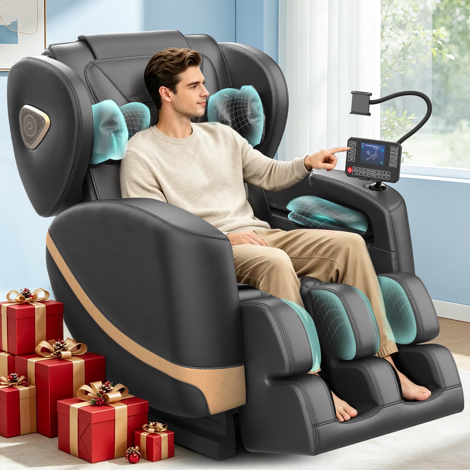 Gegcucey Ganzkörper Massagesessel mit Rollen & Airbags für Massage, Zero Gravity mit Bluetooth Lautsprecher und Touchscreen, Heizfunktion für Taille & Beine, mit Fußmassage für Hause/Büro (Hellgrau)