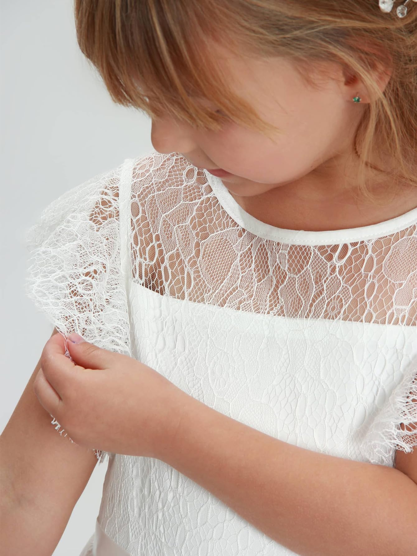 Boho Longue robe en dentelle pour enfants Robe en mousseline de soie avec ceinture et manches courtes papillonsChic Aligne Robes de communion Robes de demoiselle d'honneur Robes de demoiselle
