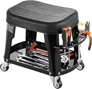 VEVOR Mechanic Stool, 300 lbs Capacity, Black, Industrial Style, Plastic Seat, Wheels, 360 Swivel, Tool Tray, Screwdriver Rack