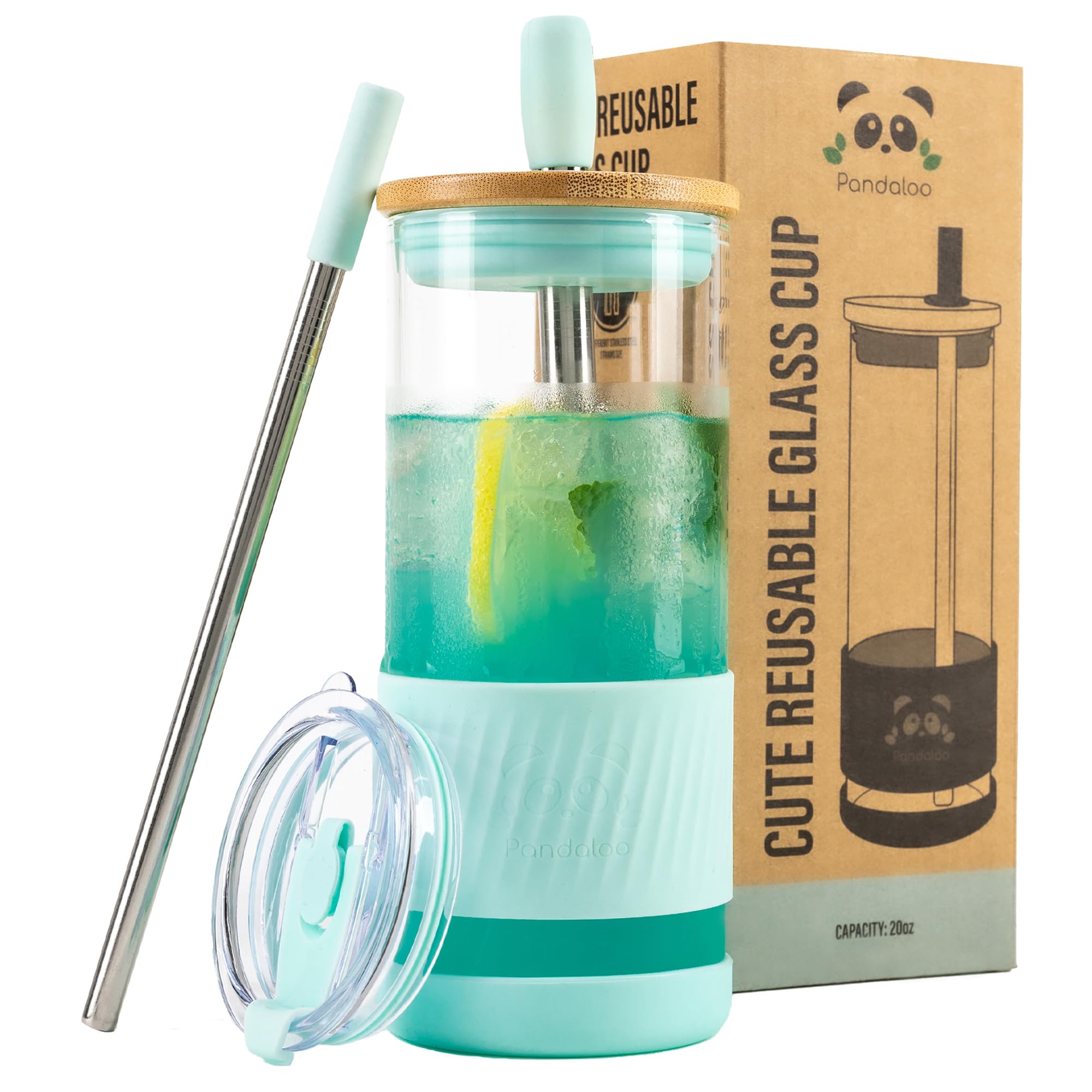 Pandaloo® Glass Cups With Lids and Straws -20 Fl Oz- Perfect Size Iced Coffee Cup - Smoothie Cup With Bamboo Lid and On the go Lid - Glass Tumbler With Straw (1 Count (Pack of 1), Carribean Blue)