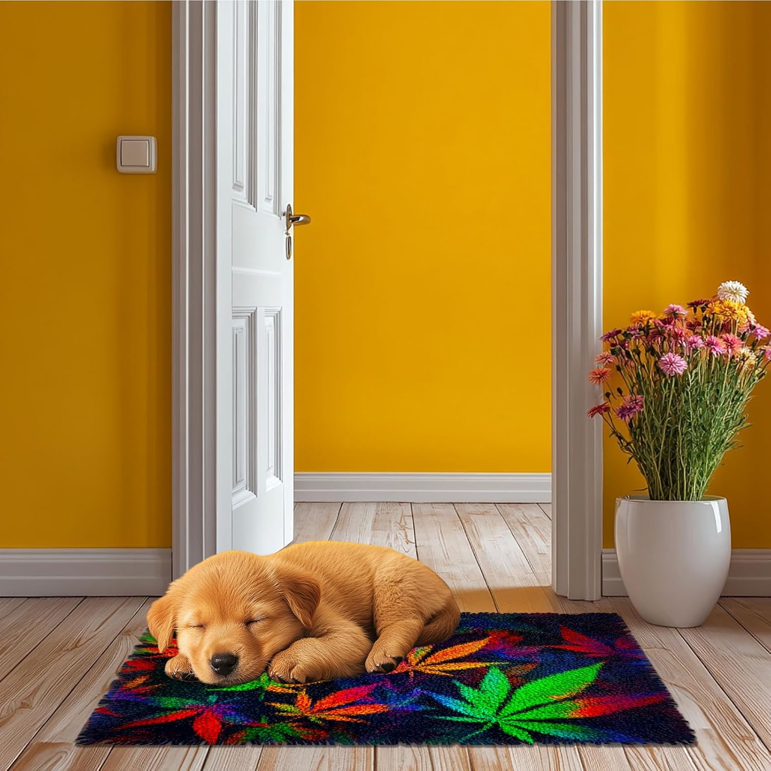 Latch Hook Rug Kit Colors of Marijuana Leaf Pre-Printed Handmade Carpet Crochet Yarn Craft DIY Hook and Latch Door Mat Tapestry for Home Floor Decoration 52x38cm-3