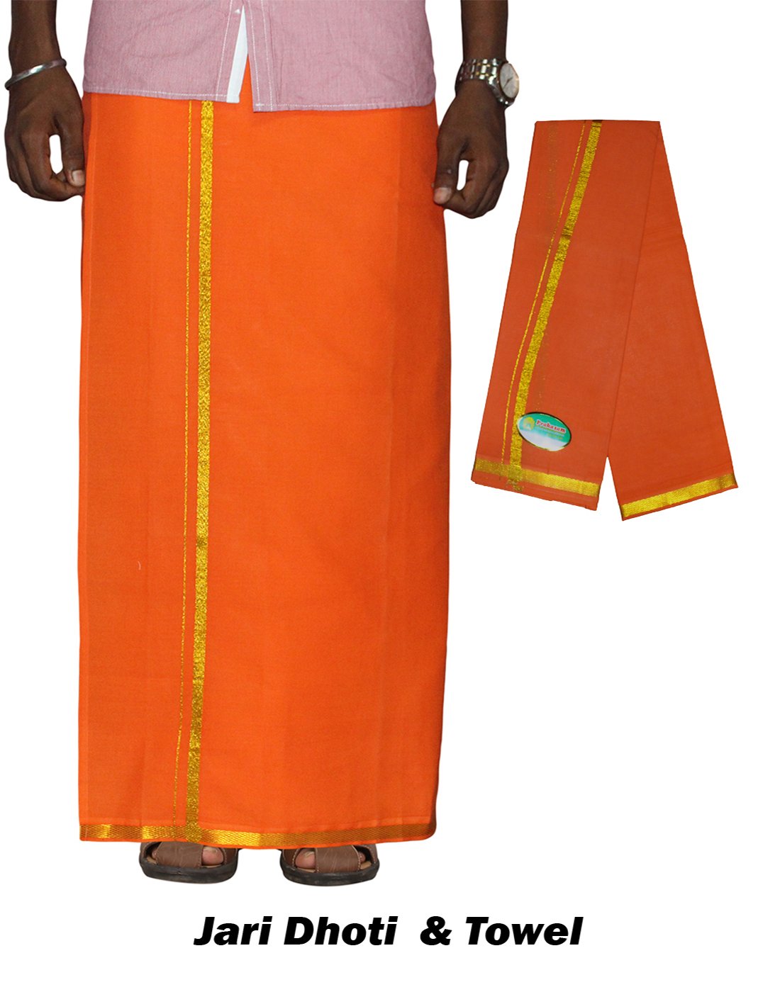 Prakasam Cotton Men's Single Orange Colour Welcro Stitched Pocket Jari Dhoti With Matching Gold Jari Towel