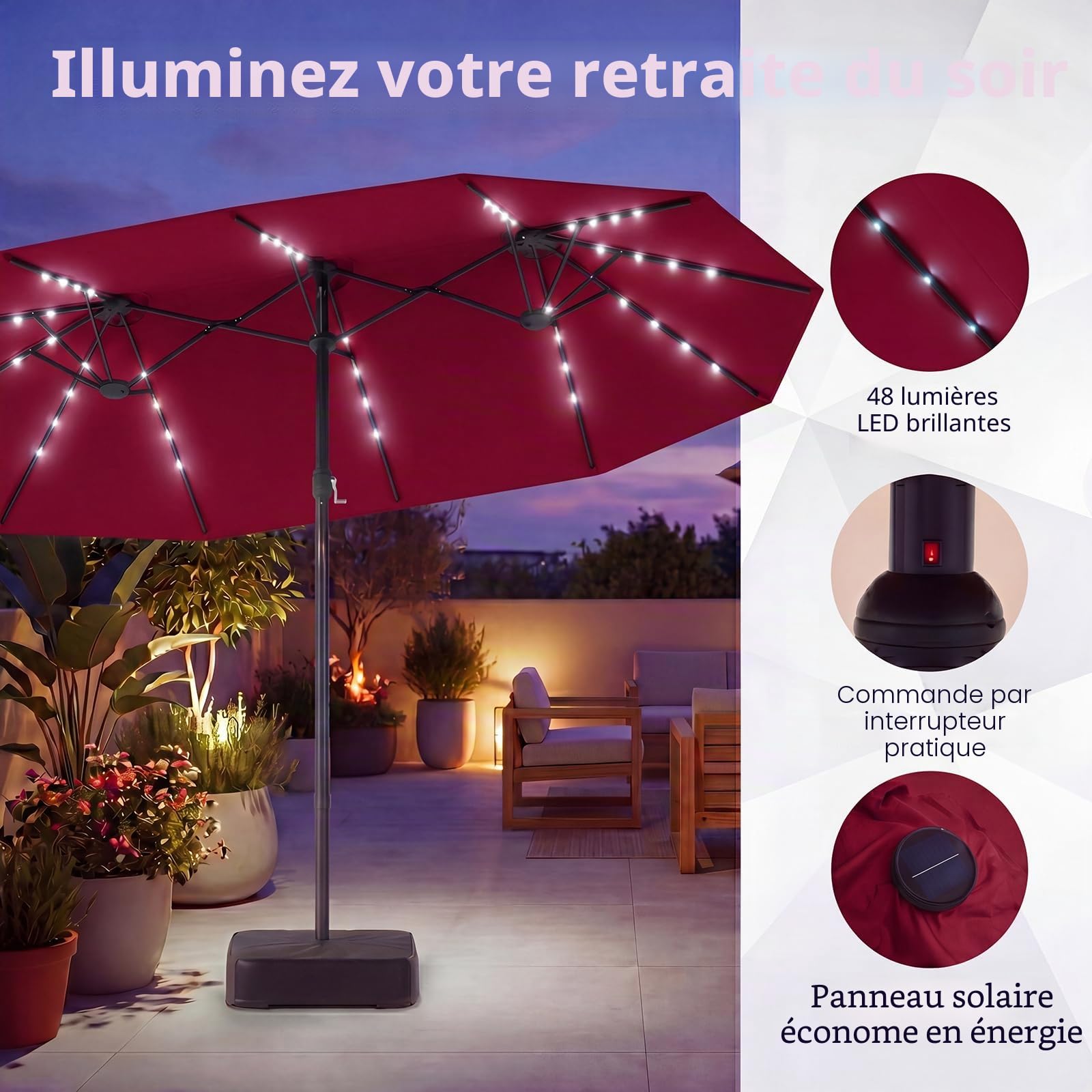 GOPLUS Parasol de Jardin Exterieur avec Pied, 4,6x2,8M Grand Parasol Double avec 48 LED Solaires, Manivelle, 12 Baleines, Protection Solaire, pour Terrasse Marché Patio