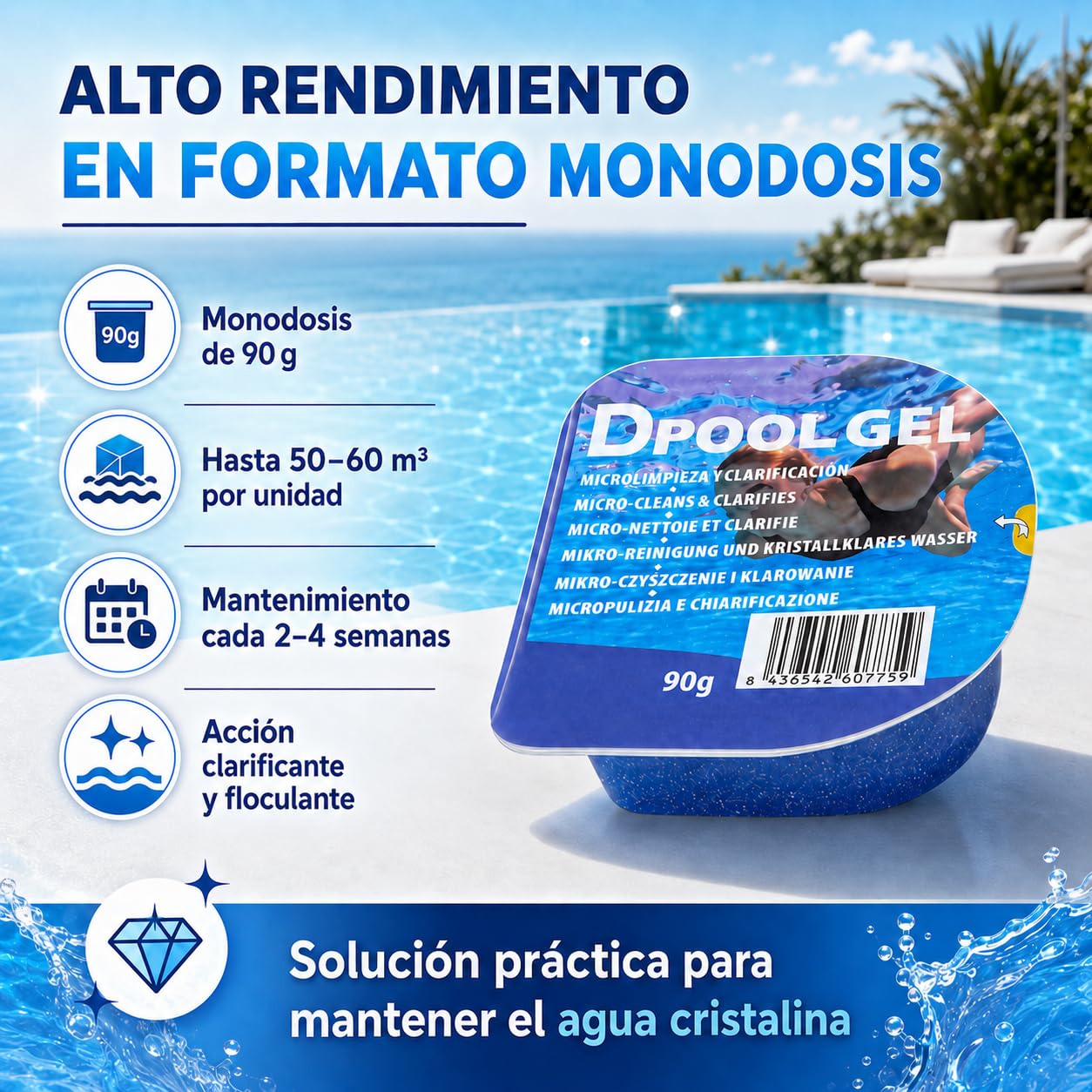 DIASA INDUSTRIAL Pack 6 UDS Gel Clarificante Piscinas Dpool Gel - MONODOSIS 90 GR - Agua Piscina cristalina