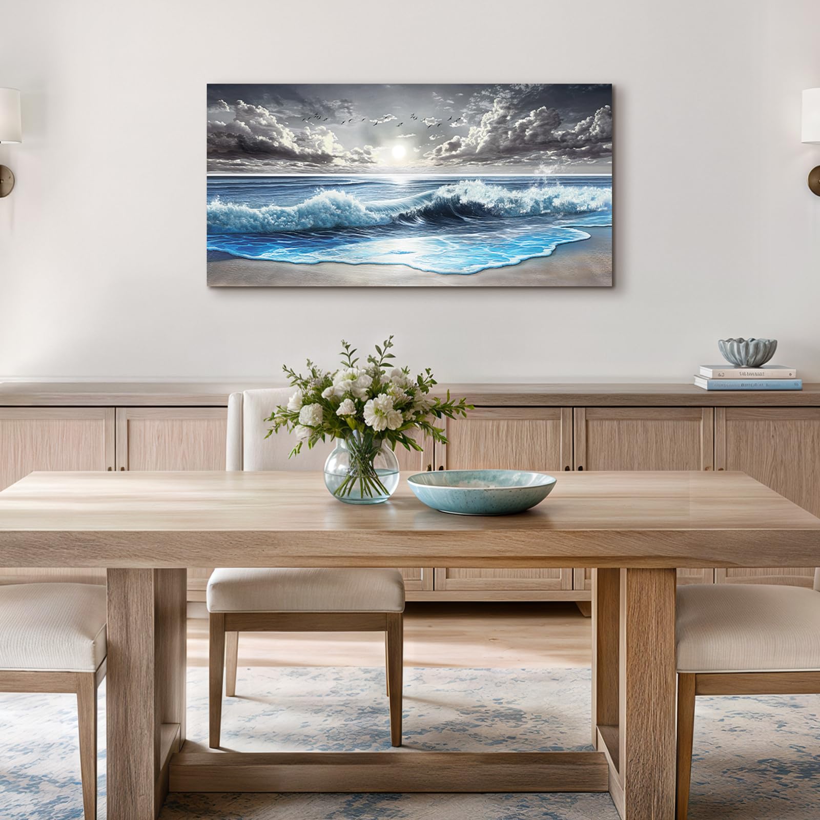 SERIMINO Cuadros Decoracion Laminas Playa Mar Modernos Grandes 50x100 cm | Costa Azul Ondas, Lona Protegida Madera, Impresión Hd Nítido, Montaje Sencillo, Multi Espacios